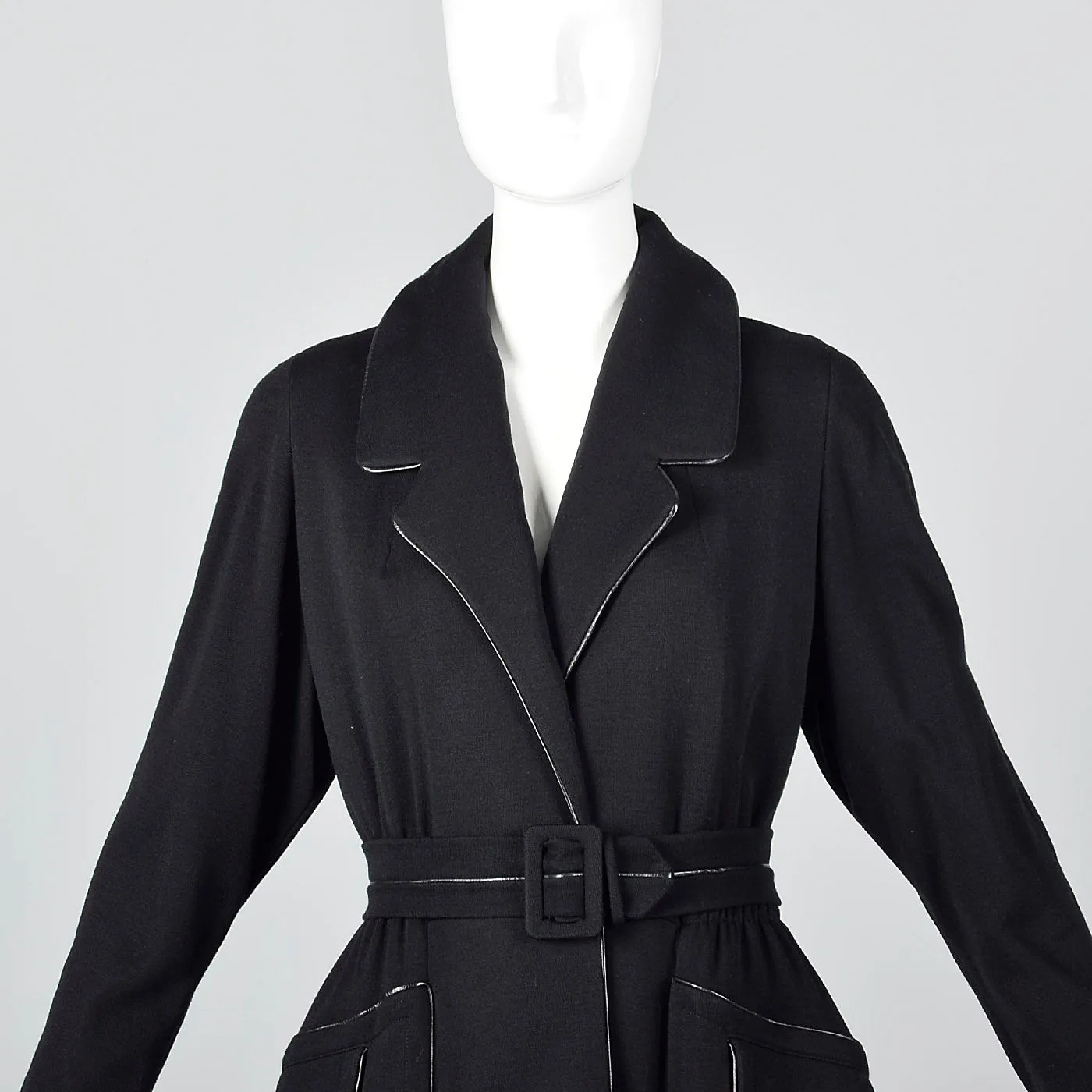 1950s Black Knit Trench Coat with Red Lining