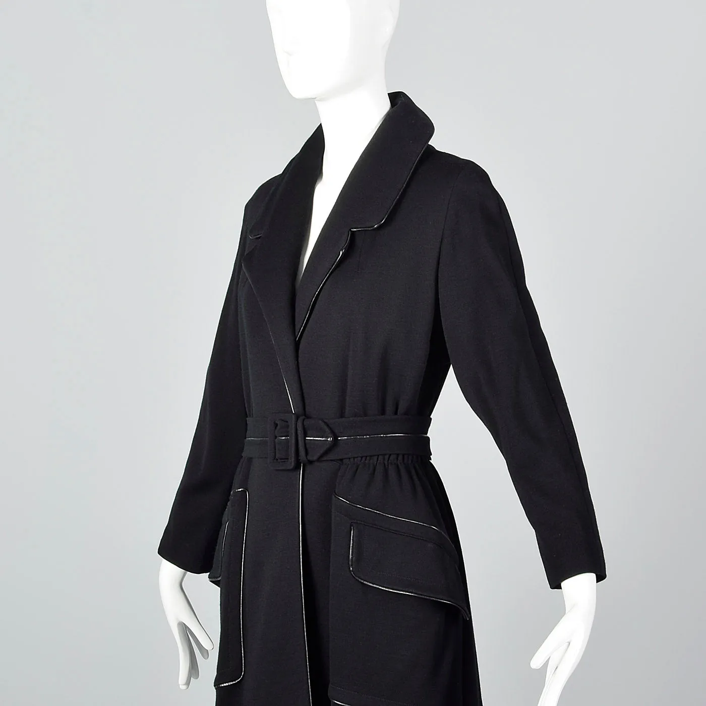 1950s Black Knit Trench Coat with Red Lining