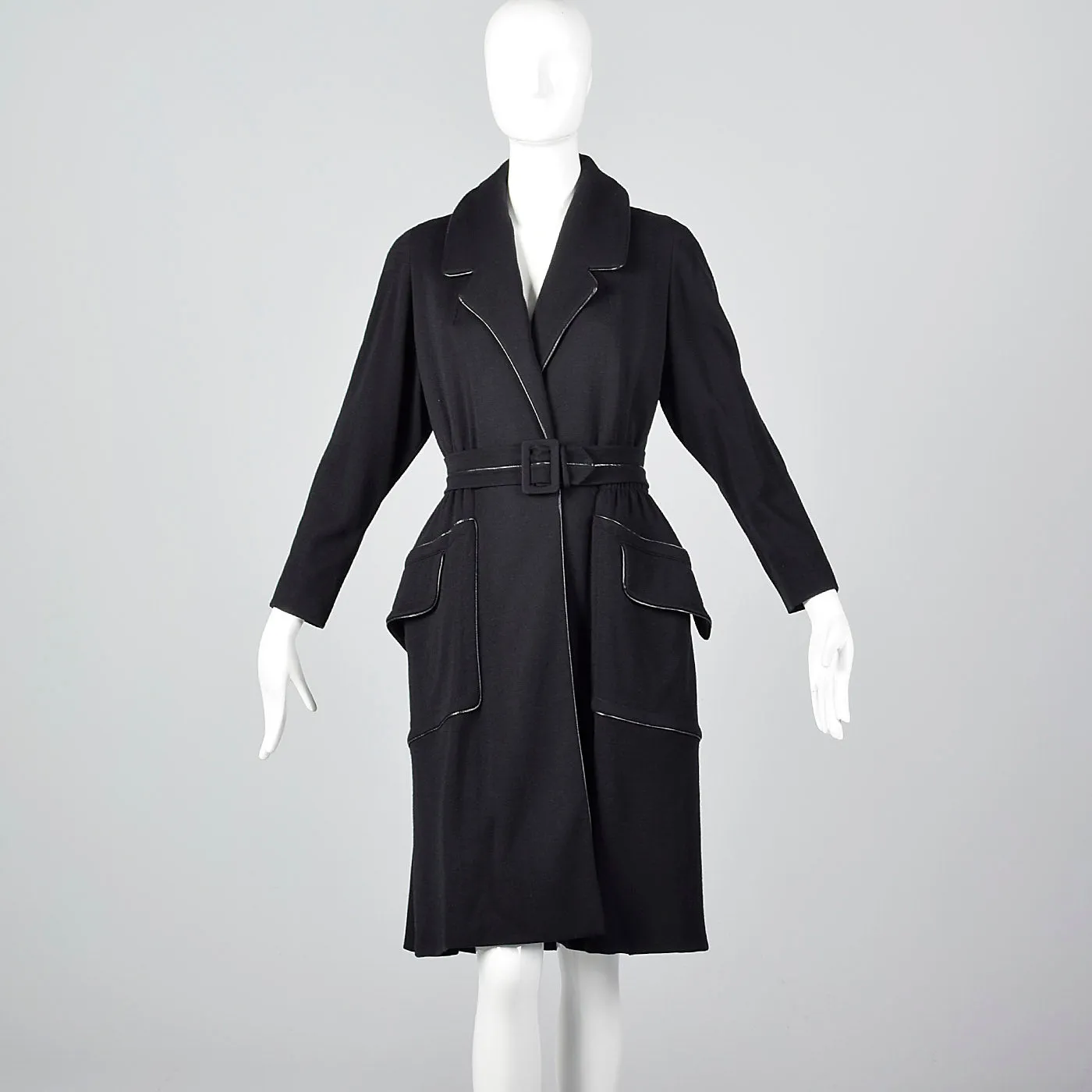 1950s Black Knit Trench Coat with Red Lining