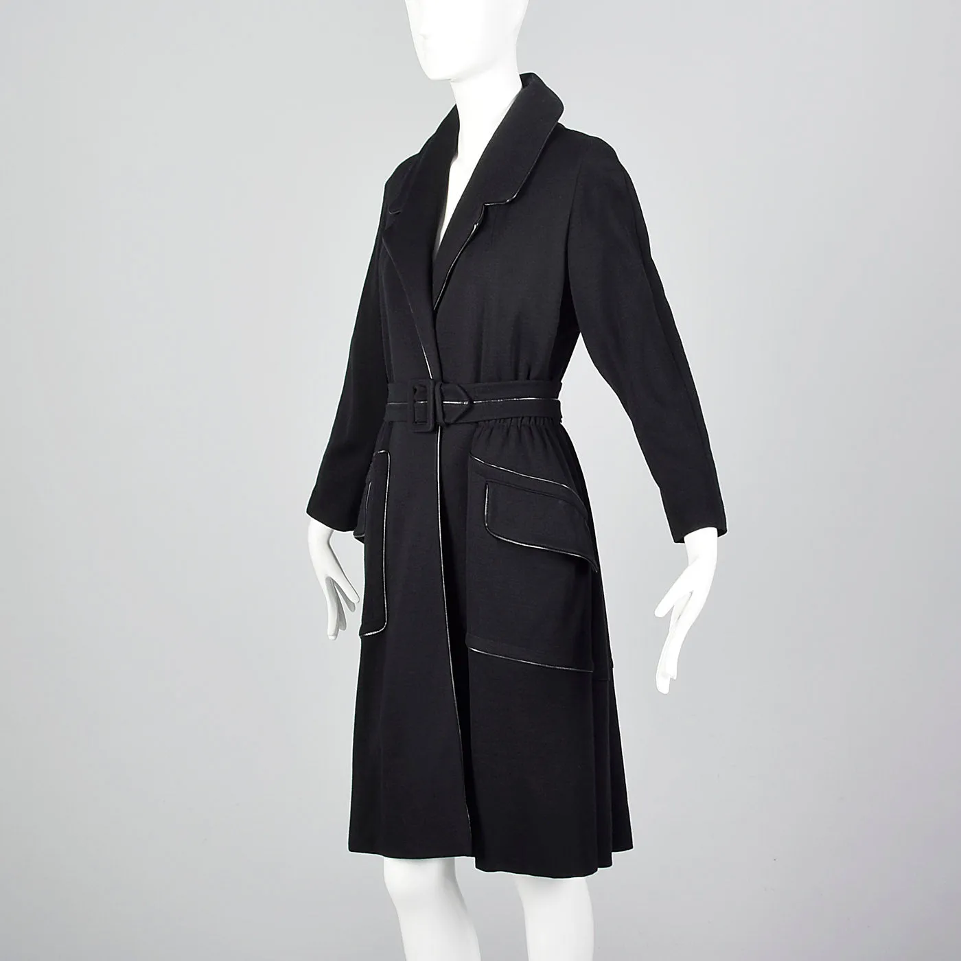 1950s Black Knit Trench Coat with Red Lining
