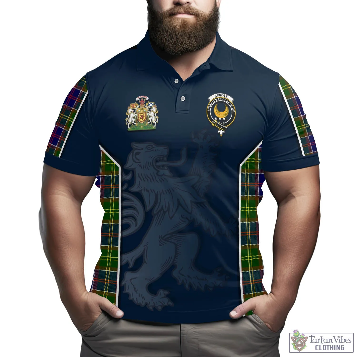Arnott Tartan Men's Polo Shirt with Family Crest and Lion Rampant Vibes Sport Style
