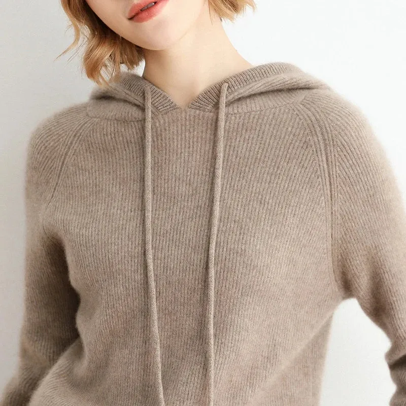 Autumn Winter Elastic Soft Fashion 100% Wool Hooded Elasticity Sweater Women's Coat Female Loose Large Size Knitted Jumper Tops