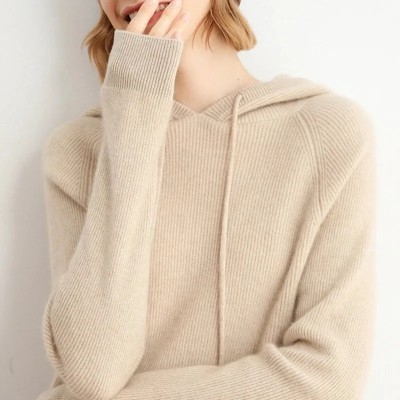 Autumn Winter Elastic Soft Fashion 100% Wool Hooded Elasticity Sweater Women's Coat Female Loose Large Size Knitted Jumper Tops