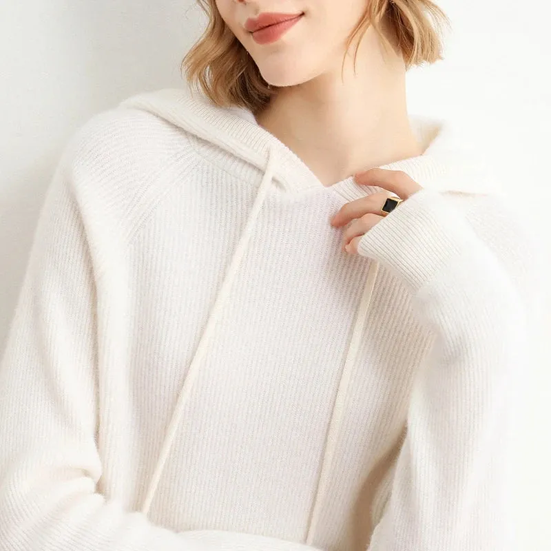 Autumn Winter Elastic Soft Fashion 100% Wool Hooded Elasticity Sweater Women's Coat Female Loose Large Size Knitted Jumper Tops