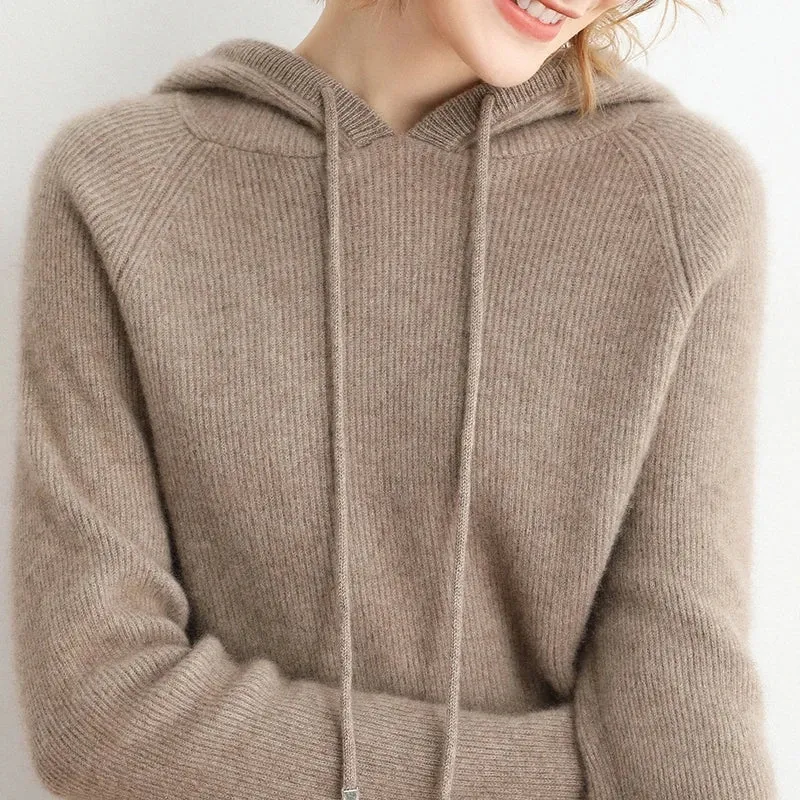 Autumn Winter Elastic Soft Fashion 100% Wool Hooded Elasticity Sweater Women's Coat Female Loose Large Size Knitted Jumper Tops