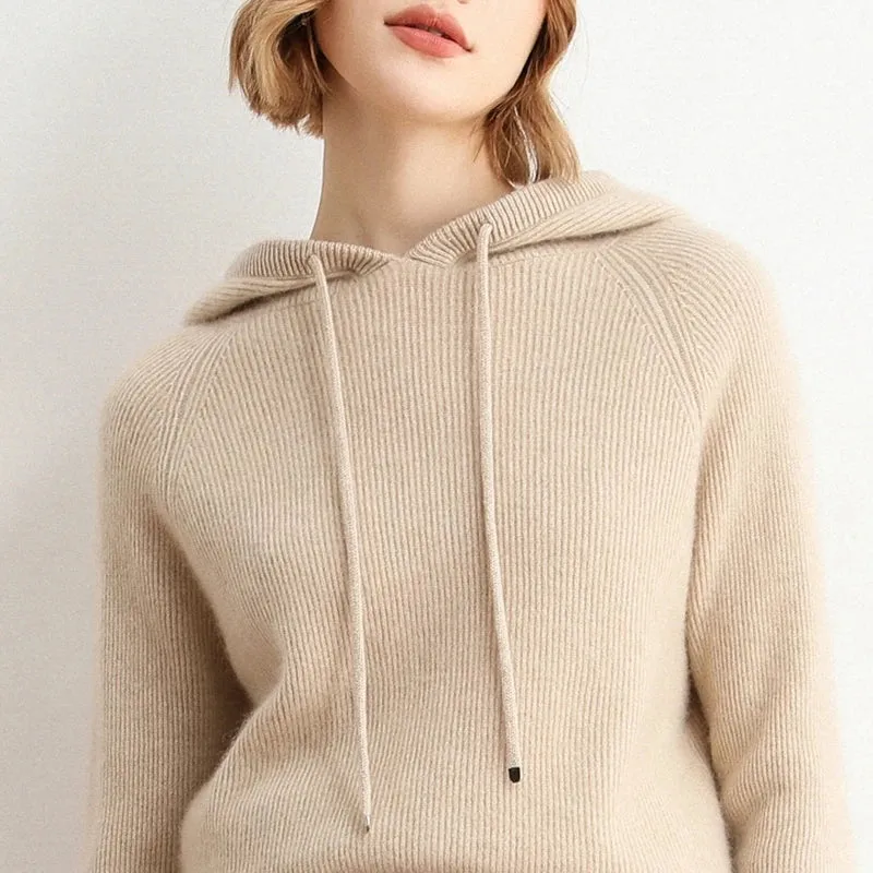 Autumn Winter Elastic Soft Fashion 100% Wool Hooded Elasticity Sweater Women's Coat Female Loose Large Size Knitted Jumper Tops