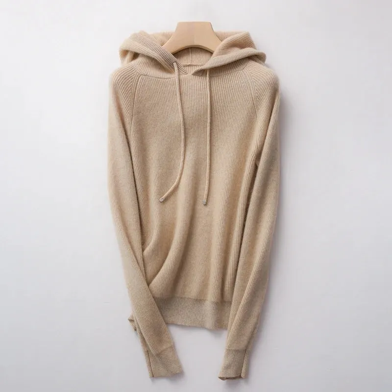 Autumn Winter Elastic Soft Fashion 100% Wool Hooded Elasticity Sweater Women's Coat Female Loose Large Size Knitted Jumper Tops