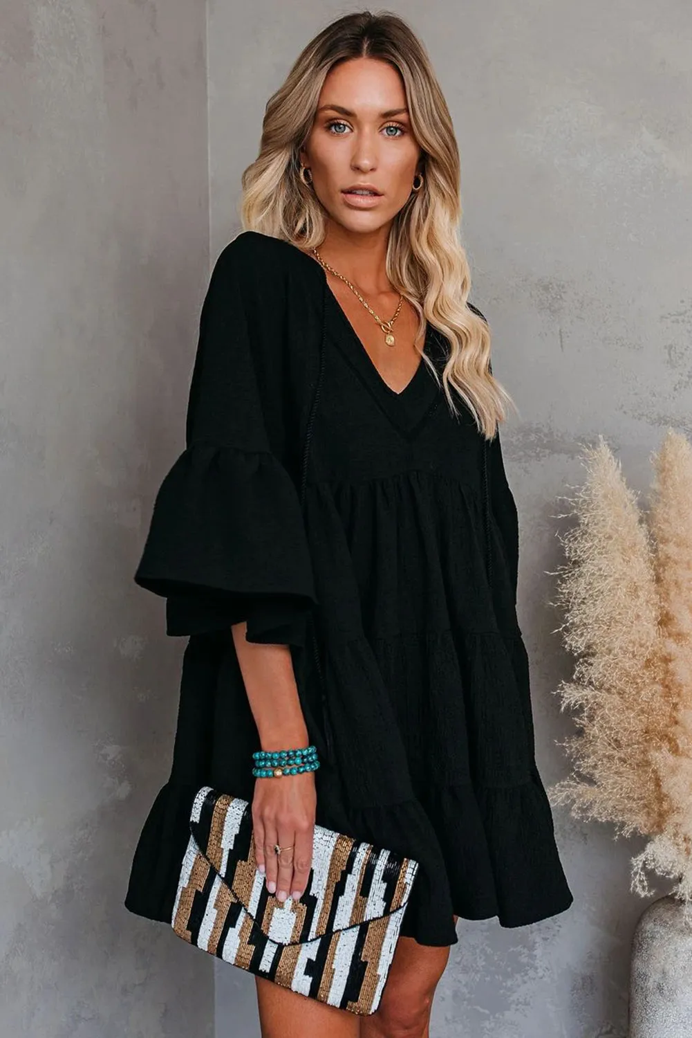 Black Batwing Sleeve Tunic Babydoll Dress