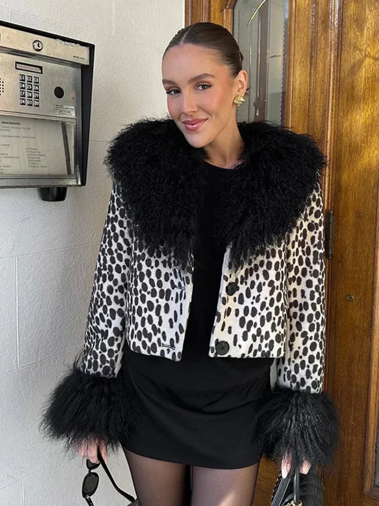 Bonnyshow Leopard Short Women's Jackets Coats Plush Neck Cuff Female Jackets New Fashion Vintage Women's Coat Single Breasted Cardigan