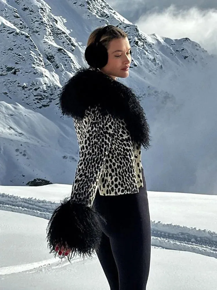 Bonnyshow Leopard Short Women's Jackets Coats Plush Neck Cuff Female Jackets New Fashion Vintage Women's Coat Single Breasted Cardigan