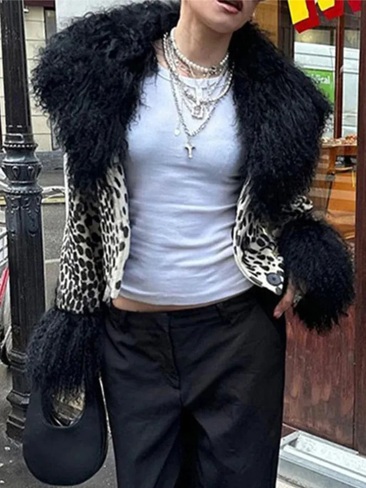 Bonnyshow Leopard Short Women's Jackets Coats Plush Neck Cuff Female Jackets New Fashion Vintage Women's Coat Single Breasted Cardigan