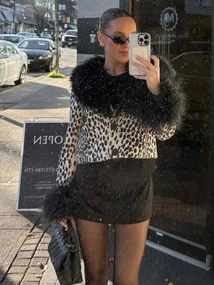 Bonnyshow Leopard Short Women's Jackets Coats Plush Neck Cuff Female Jackets New Fashion Vintage Women's Coat Single Breasted Cardigan