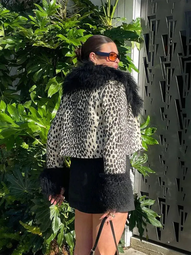 Bonnyshow Leopard Short Women's Jackets Coats Plush Neck Cuff Female Jackets New Fashion Vintage Women's Coat Single Breasted Cardigan