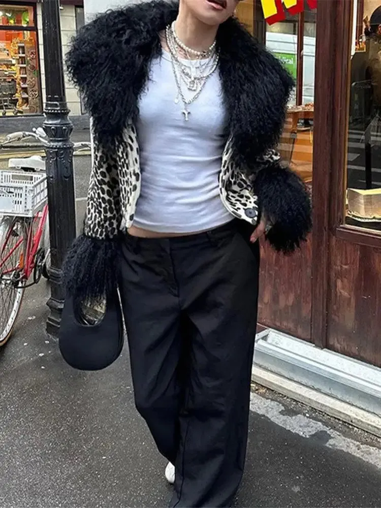 Bonnyshow Leopard Short Women's Jackets Coats Plush Neck Cuff Female Jackets New Fashion Vintage Women's Coat Single Breasted Cardigan
