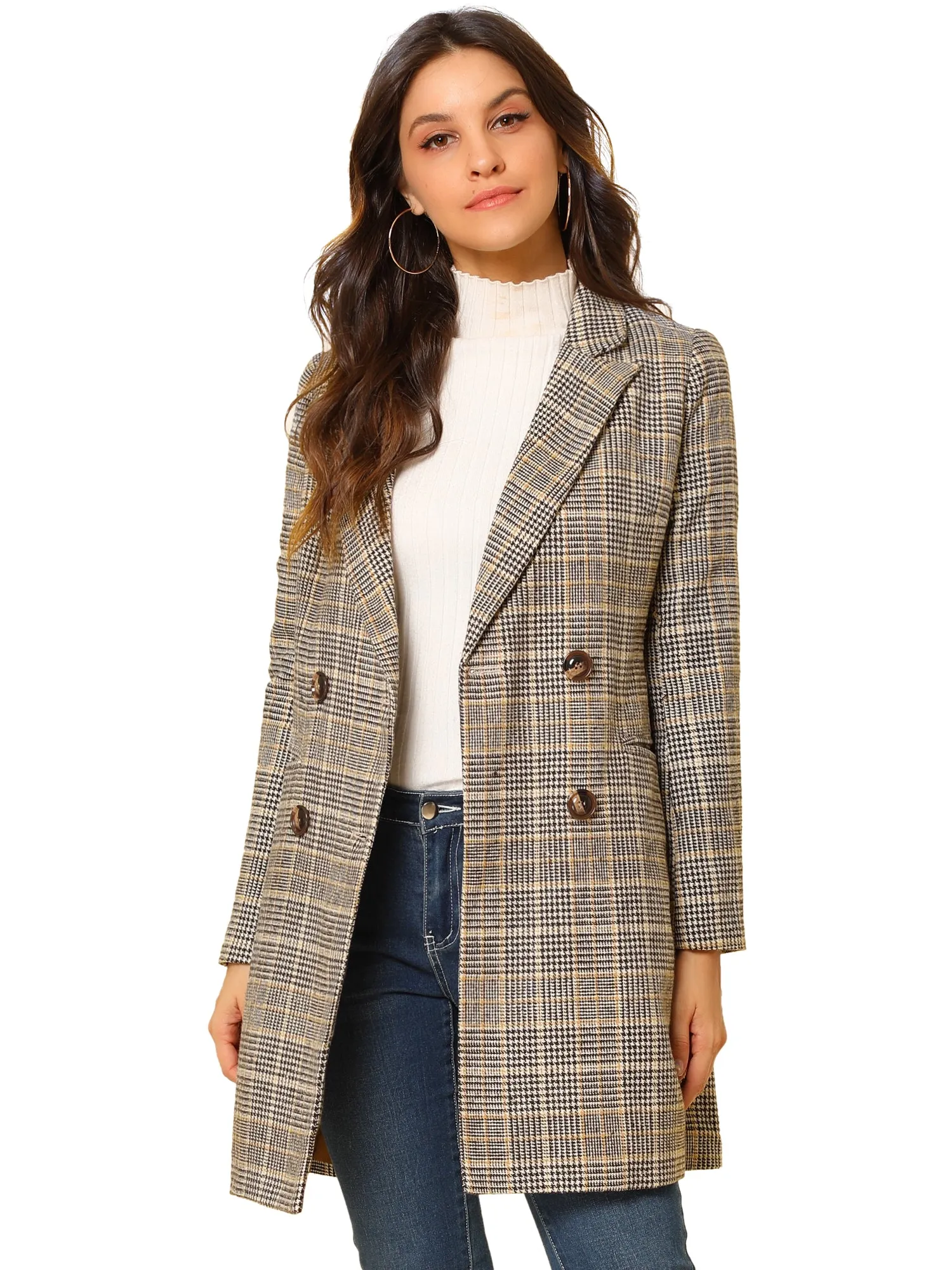 Double Breasted Notched Lapel Plaid Trench Blazer Coat