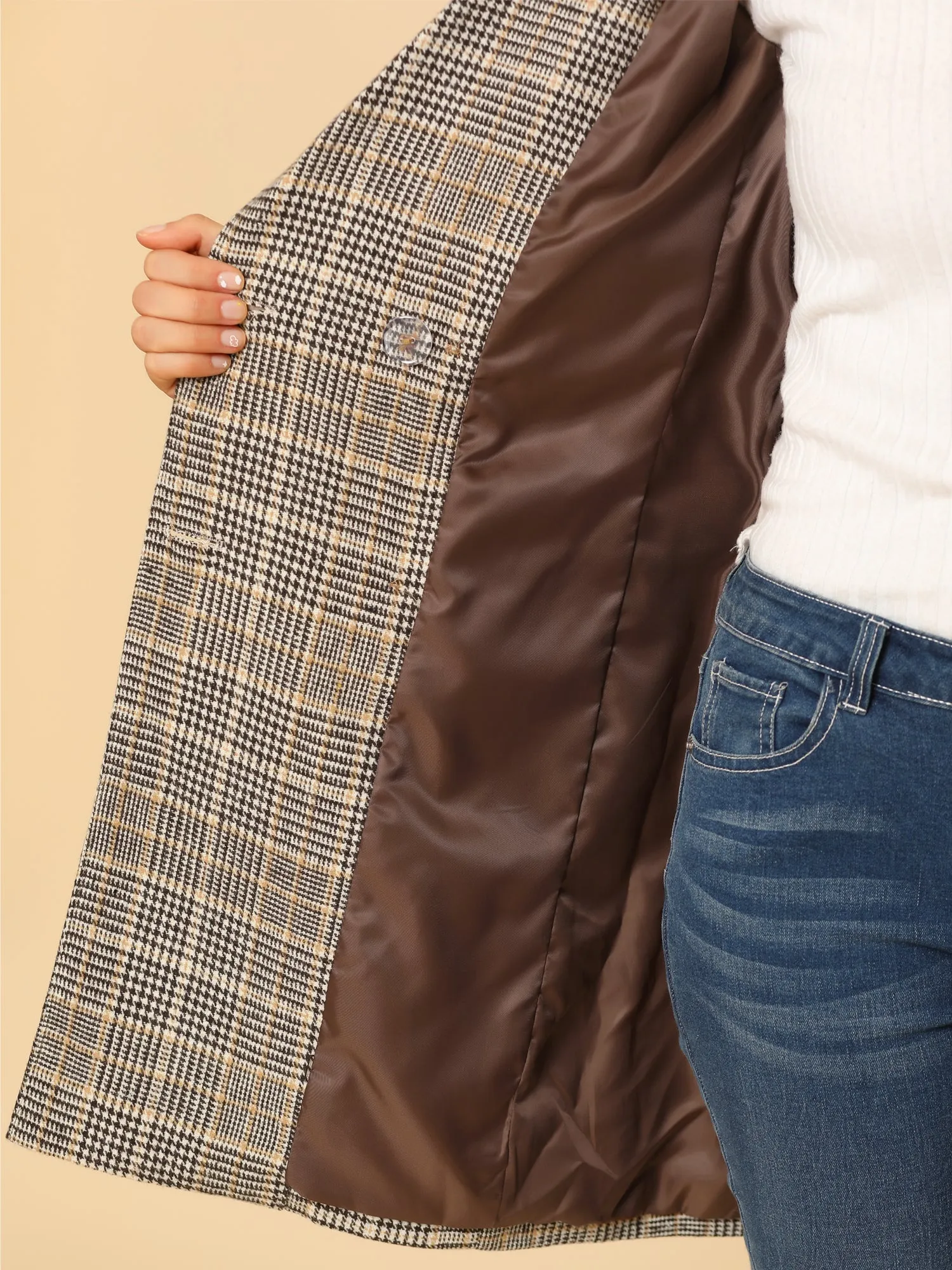 Double Breasted Notched Lapel Plaid Trench Blazer Coat