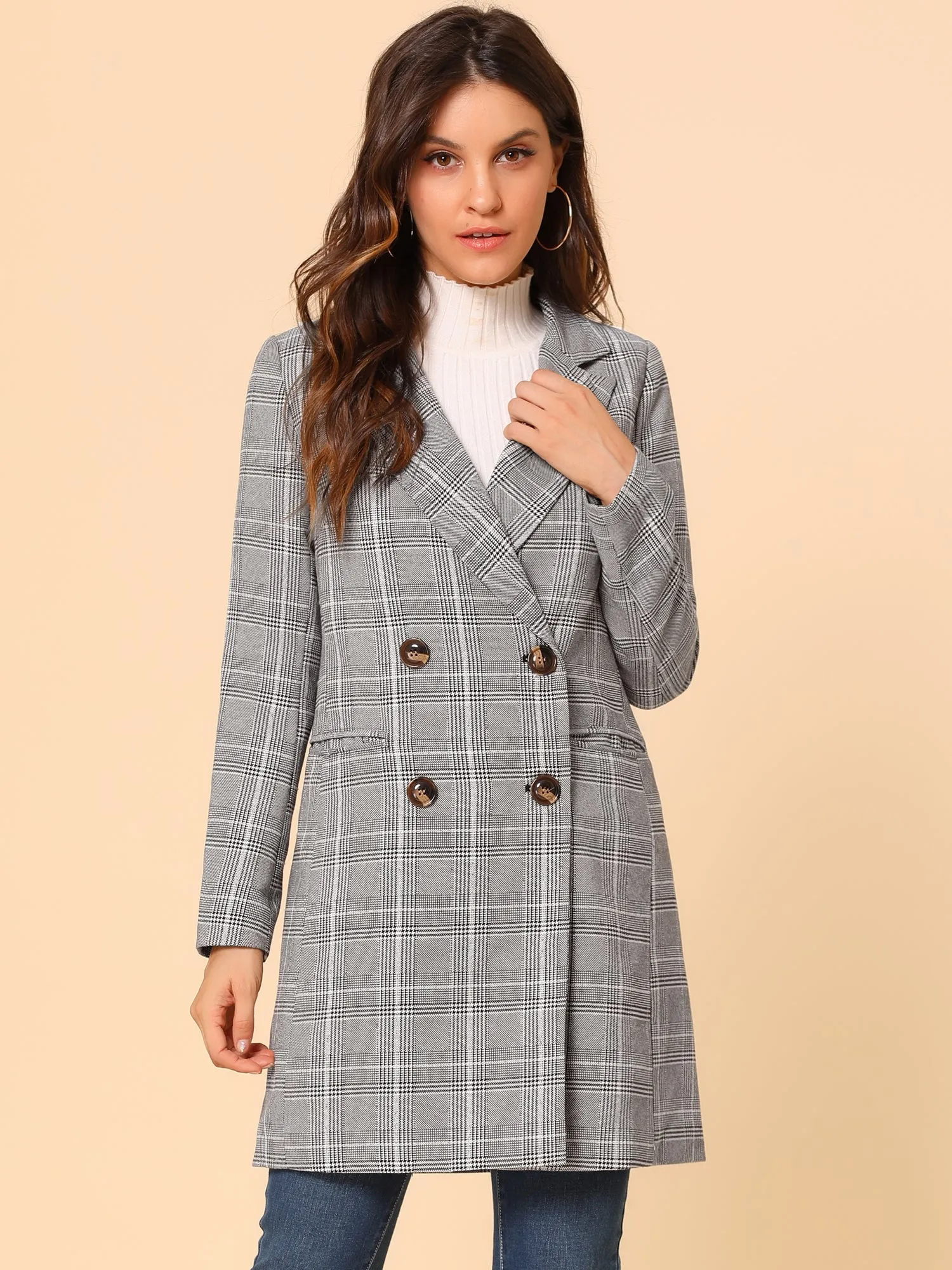 Double Breasted Notched Lapel Plaid Trench Blazer Coat