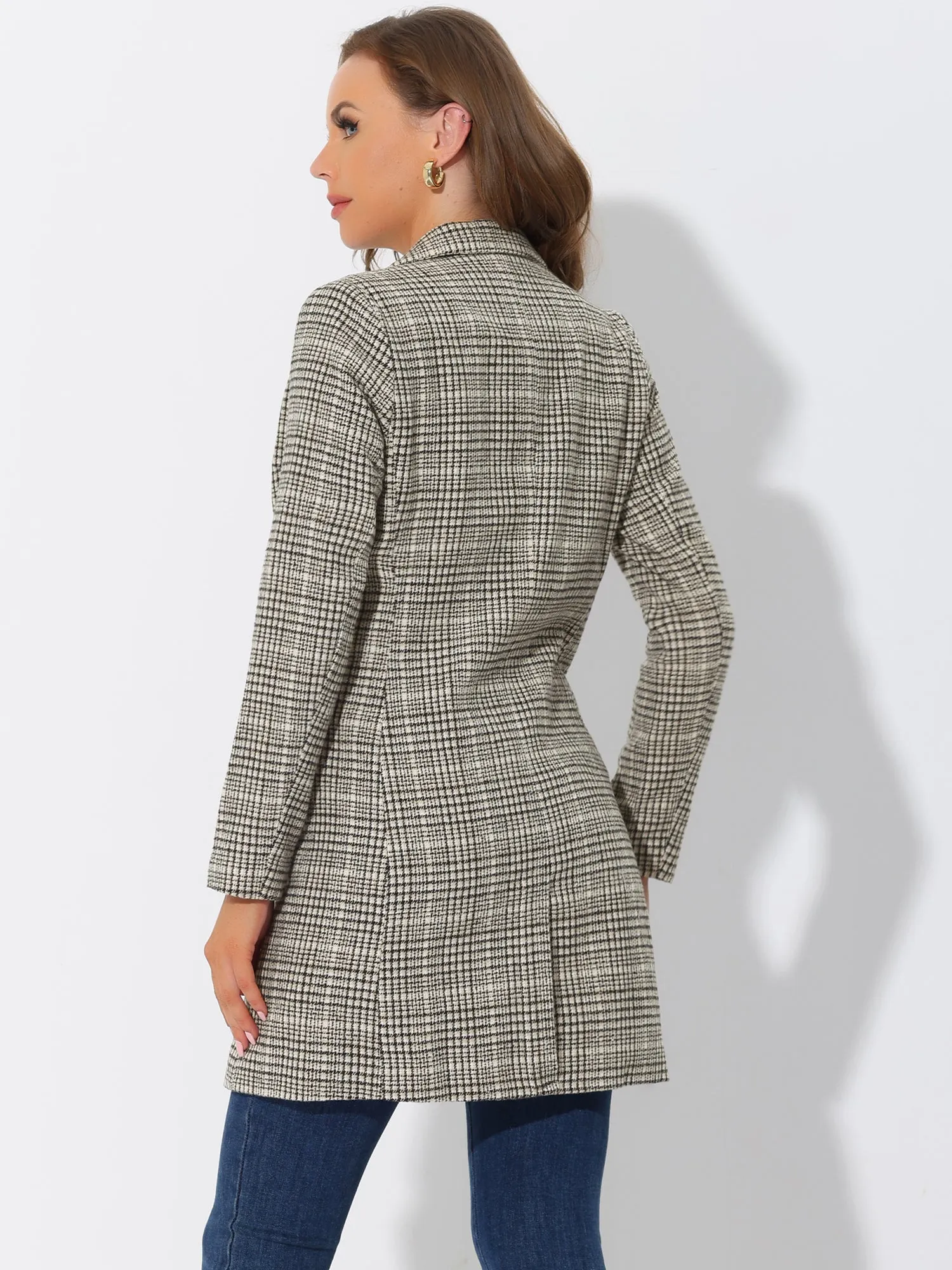 Double Breasted Notched Lapel Plaid Trench Blazer Coat