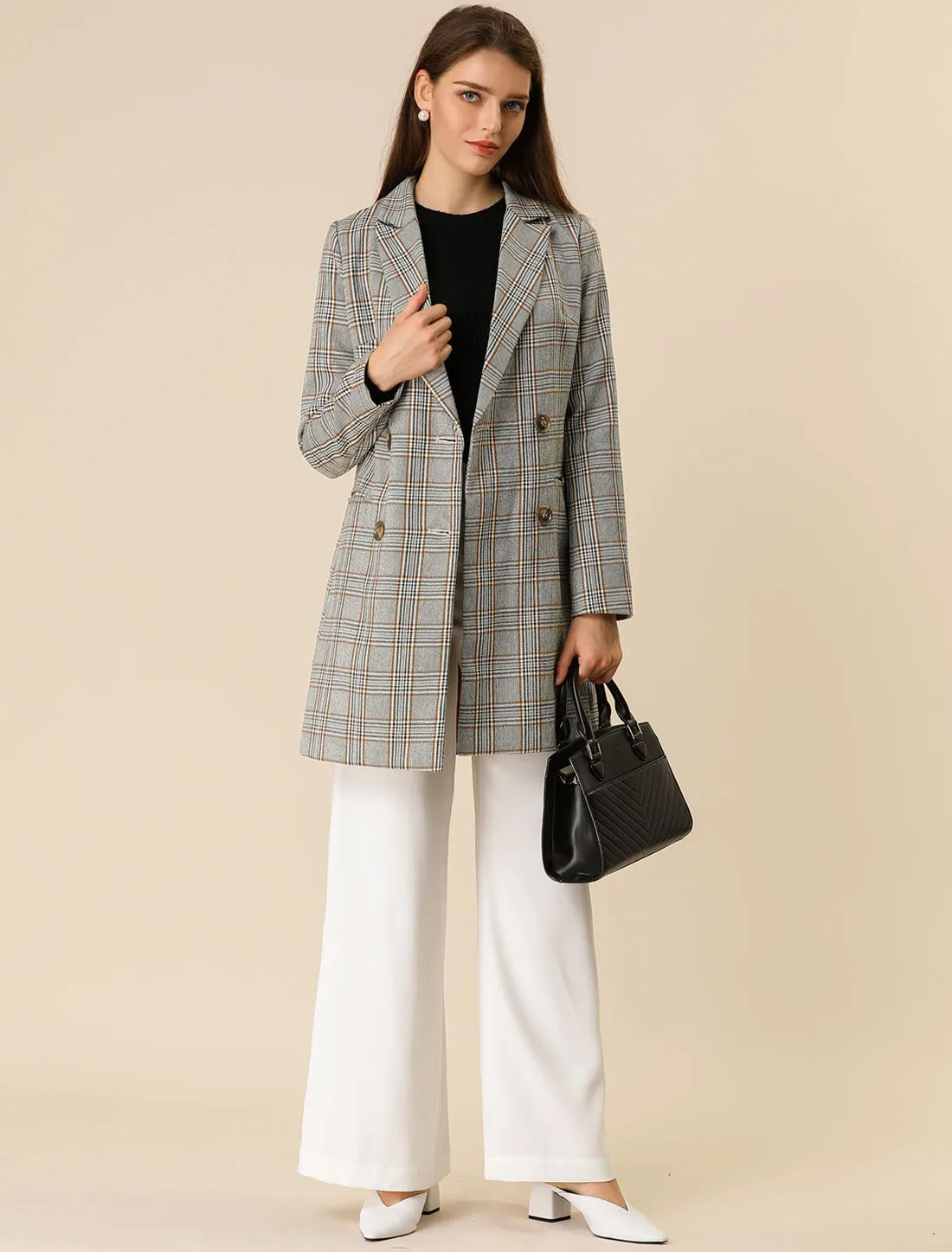 Double Breasted Notched Lapel Plaid Trench Blazer Coat