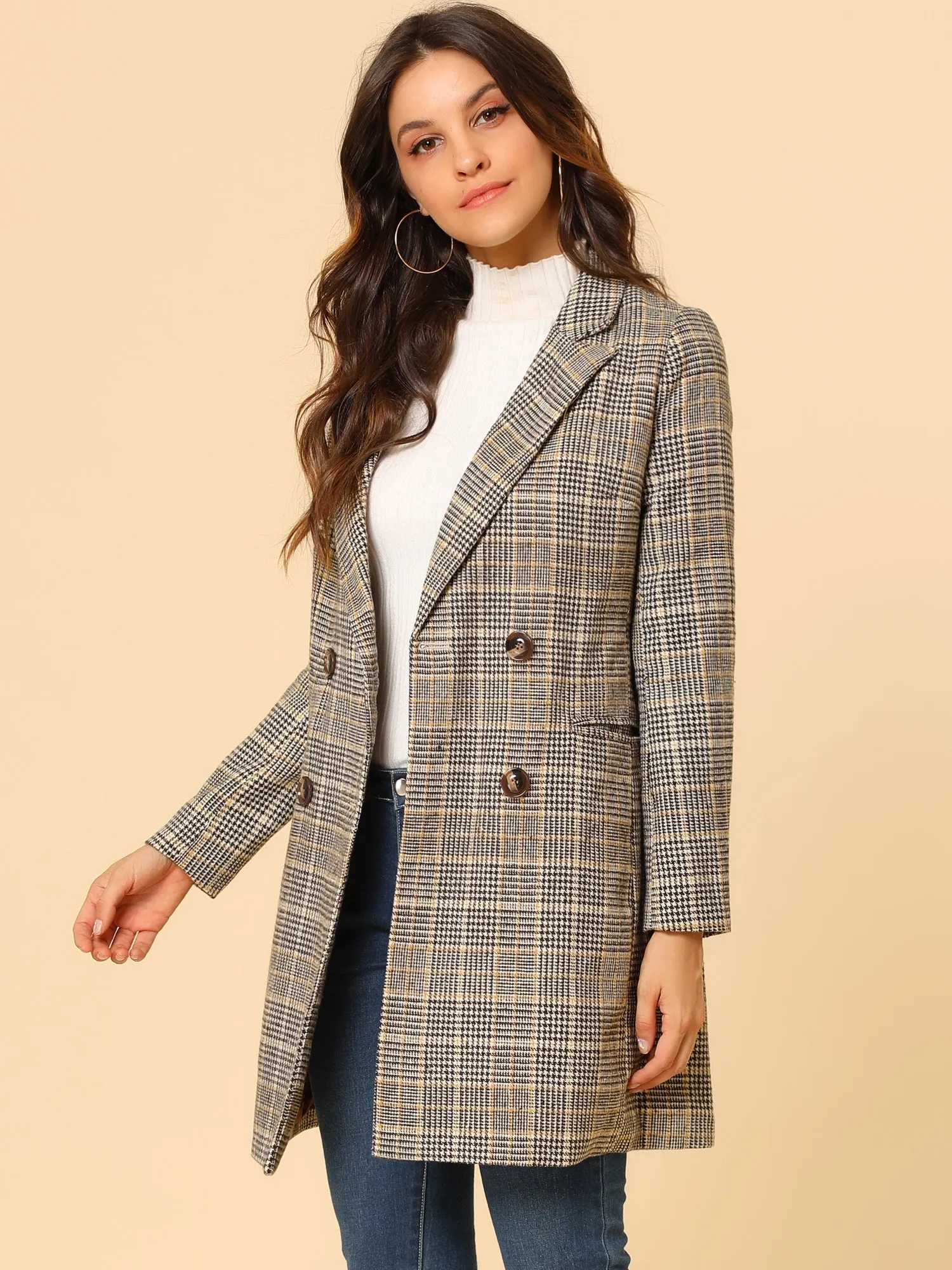 Double Breasted Notched Lapel Plaid Trench Blazer Coat