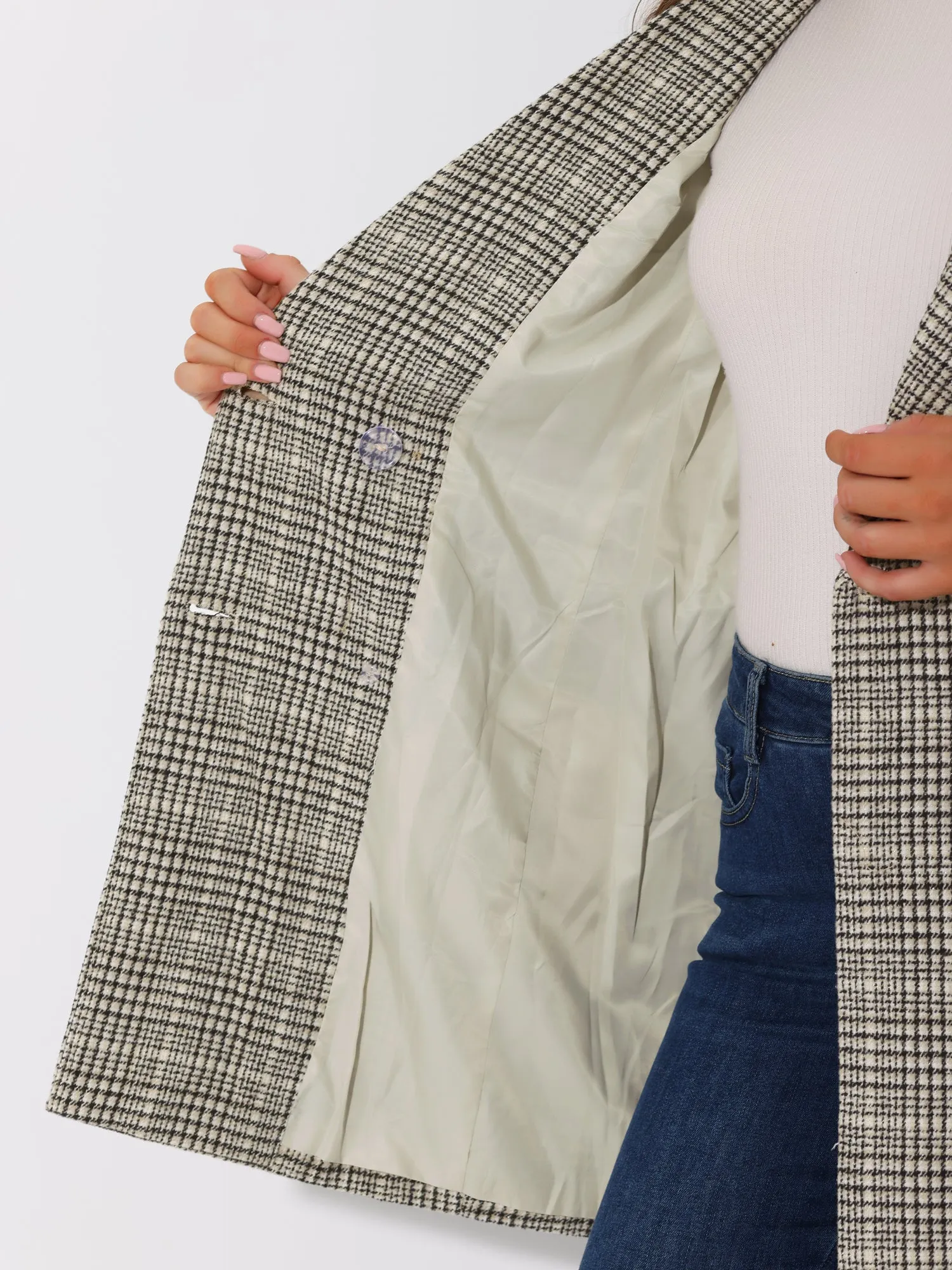 Double Breasted Notched Lapel Plaid Trench Blazer Coat