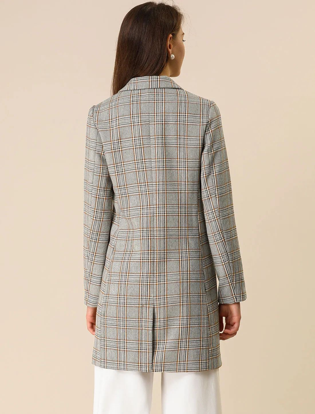 Double Breasted Notched Lapel Plaid Trench Blazer Coat