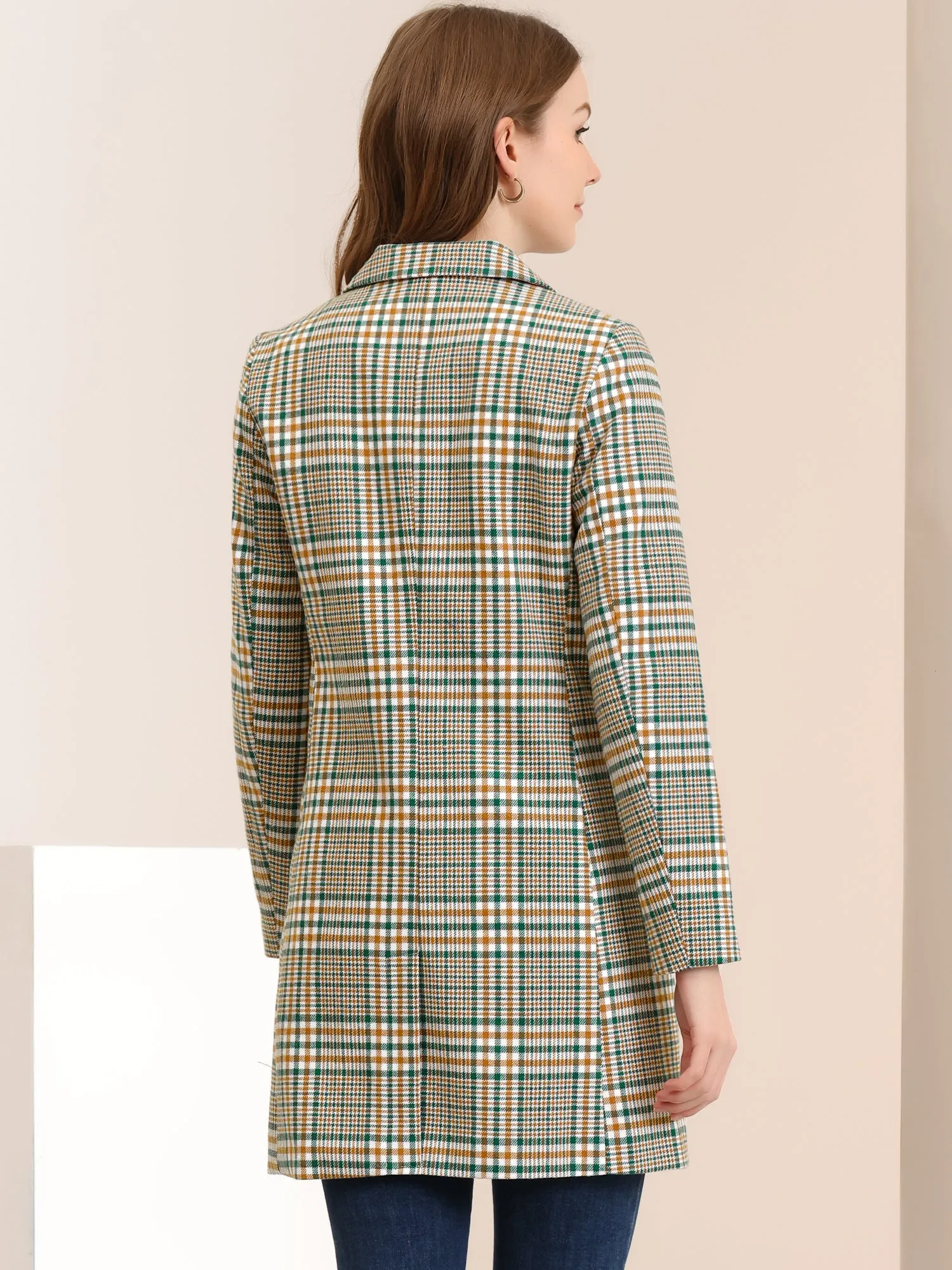 Double Breasted Notched Lapel Plaid Trench Blazer Coat