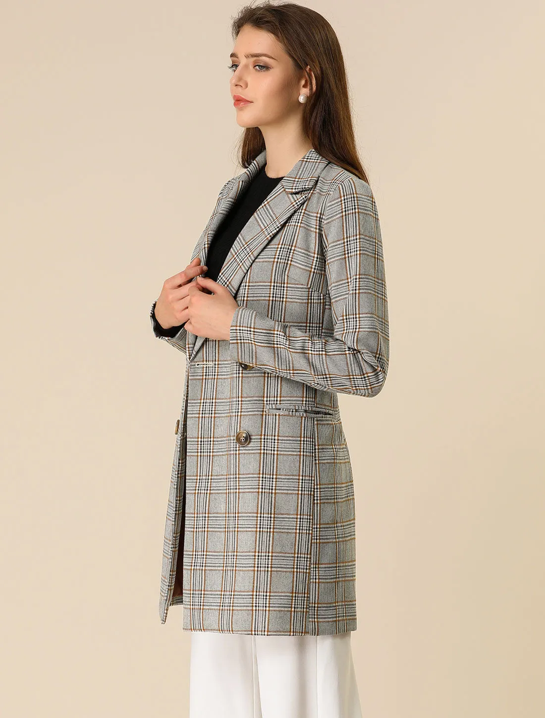 Double Breasted Notched Lapel Plaid Trench Blazer Coat