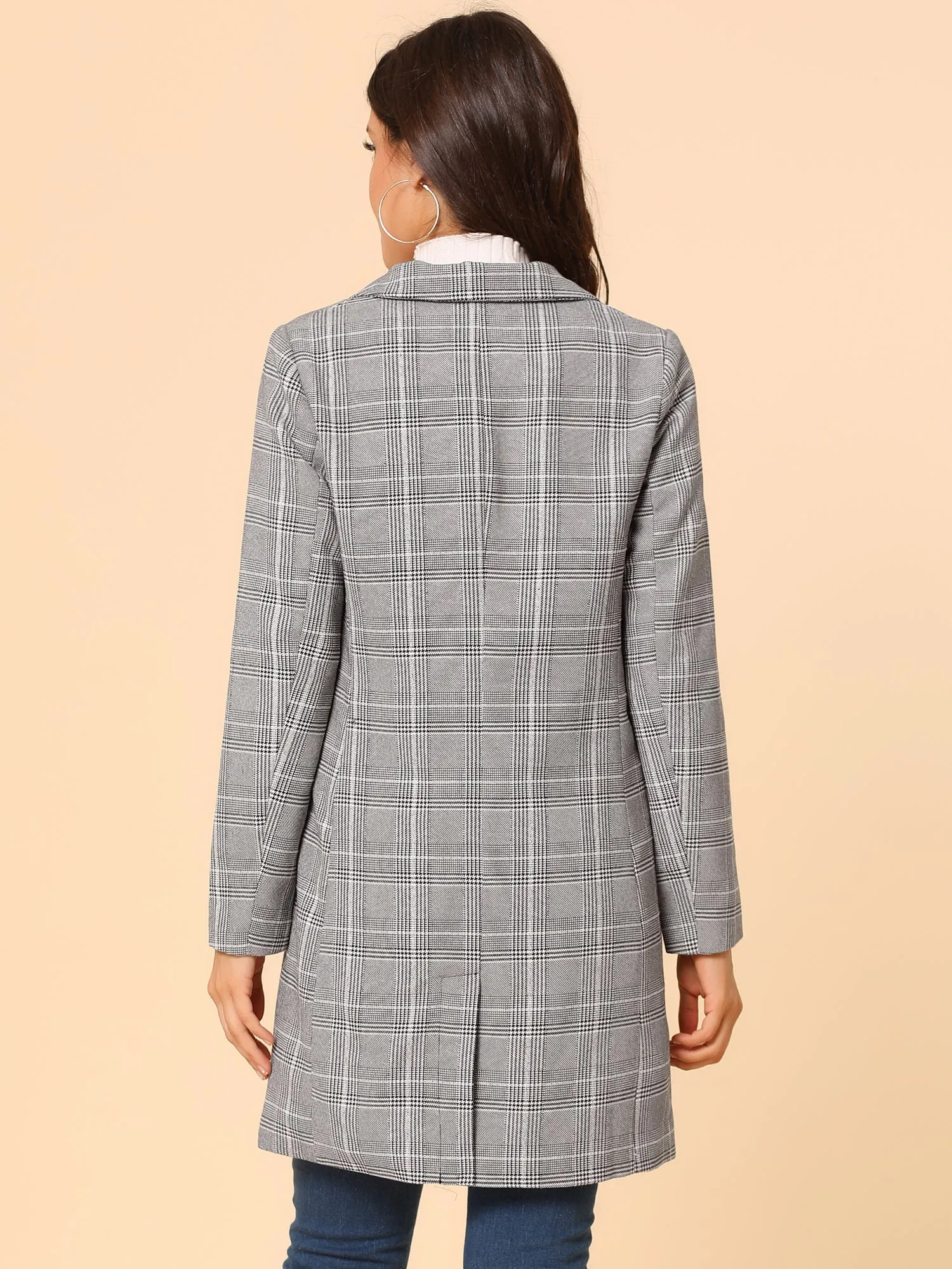 Double Breasted Notched Lapel Plaid Trench Blazer Coat
