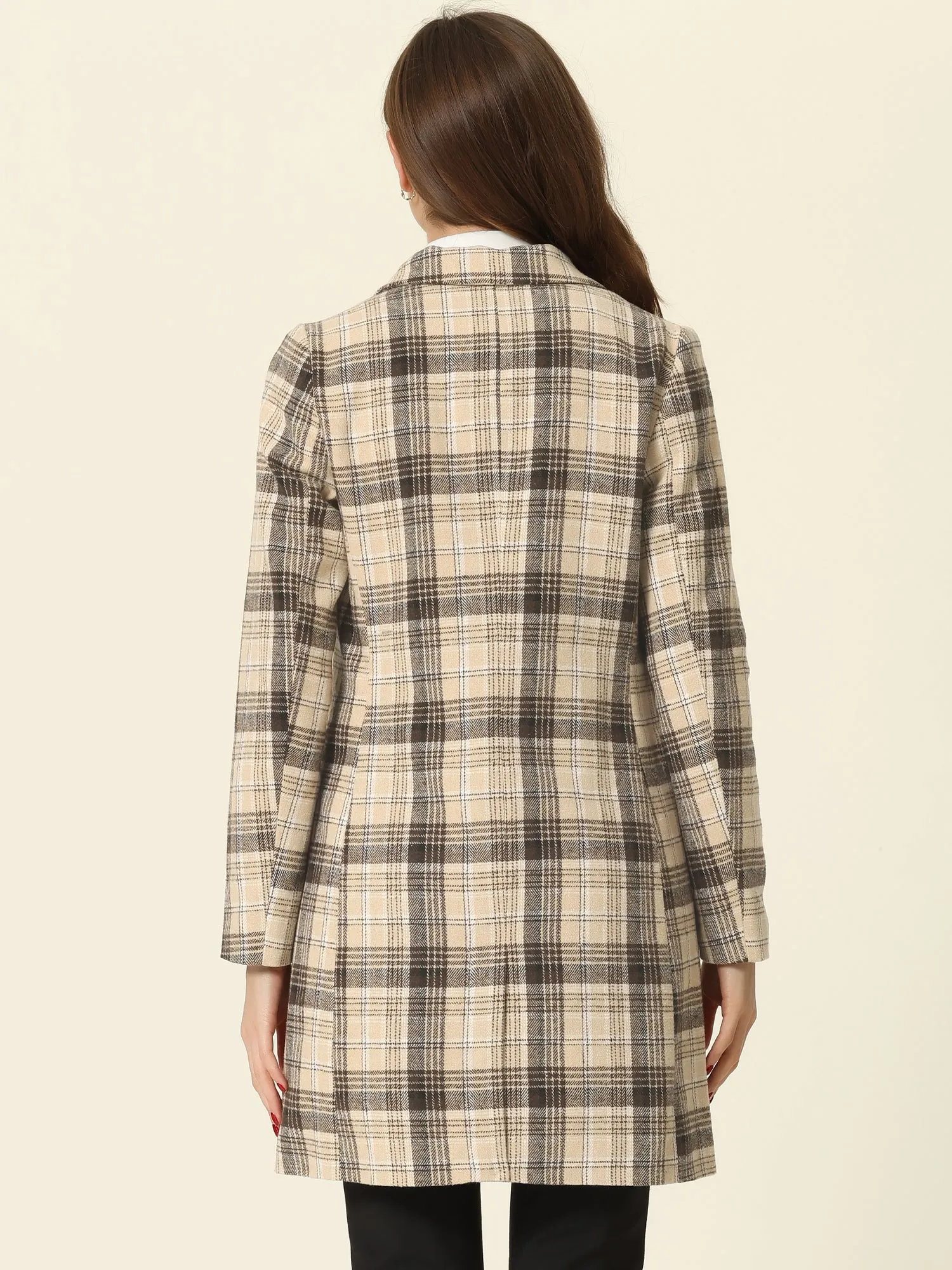 Double Breasted Notched Lapel Plaid Trench Blazer Coat