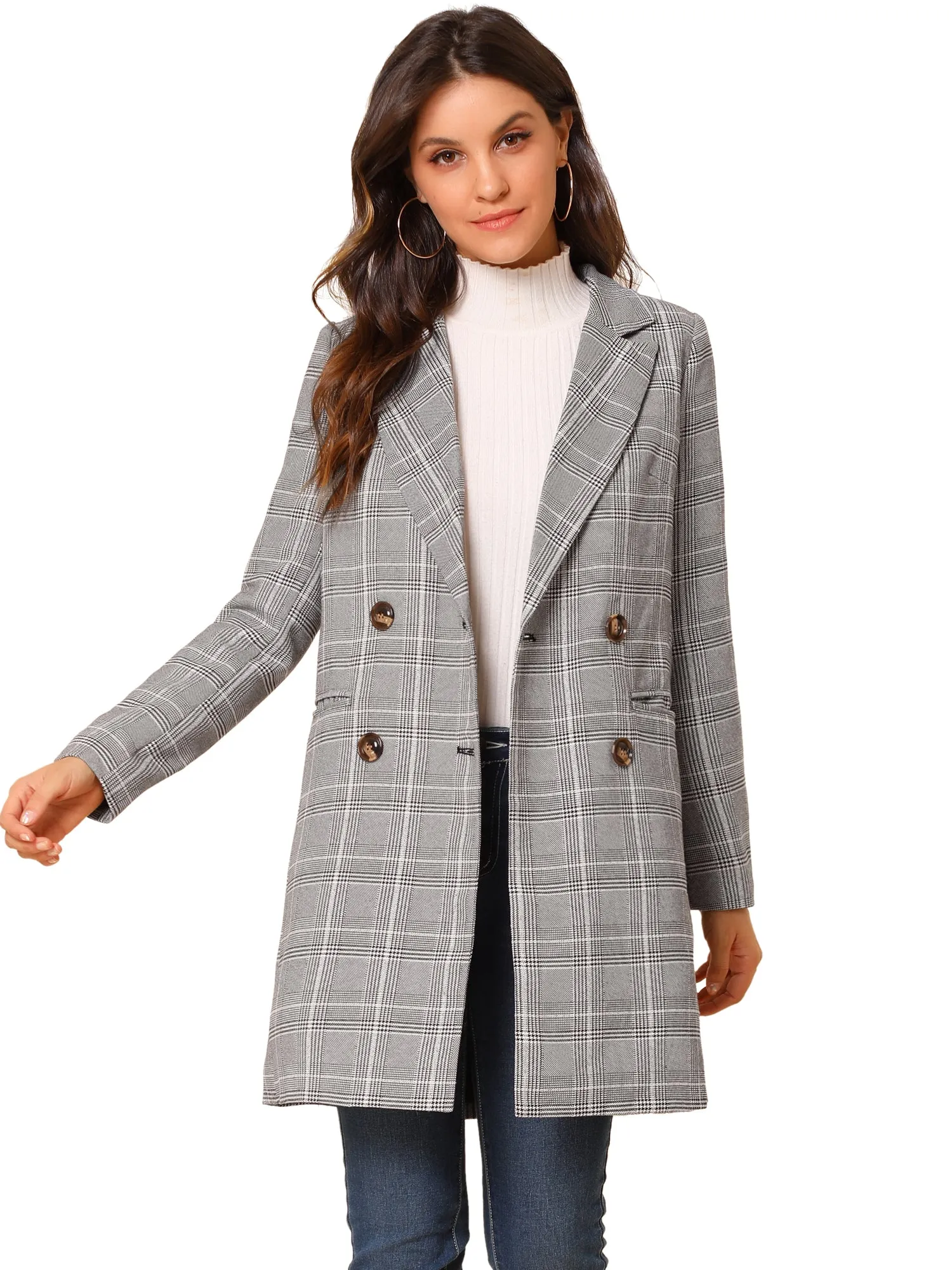 Double Breasted Notched Lapel Plaid Trench Blazer Coat