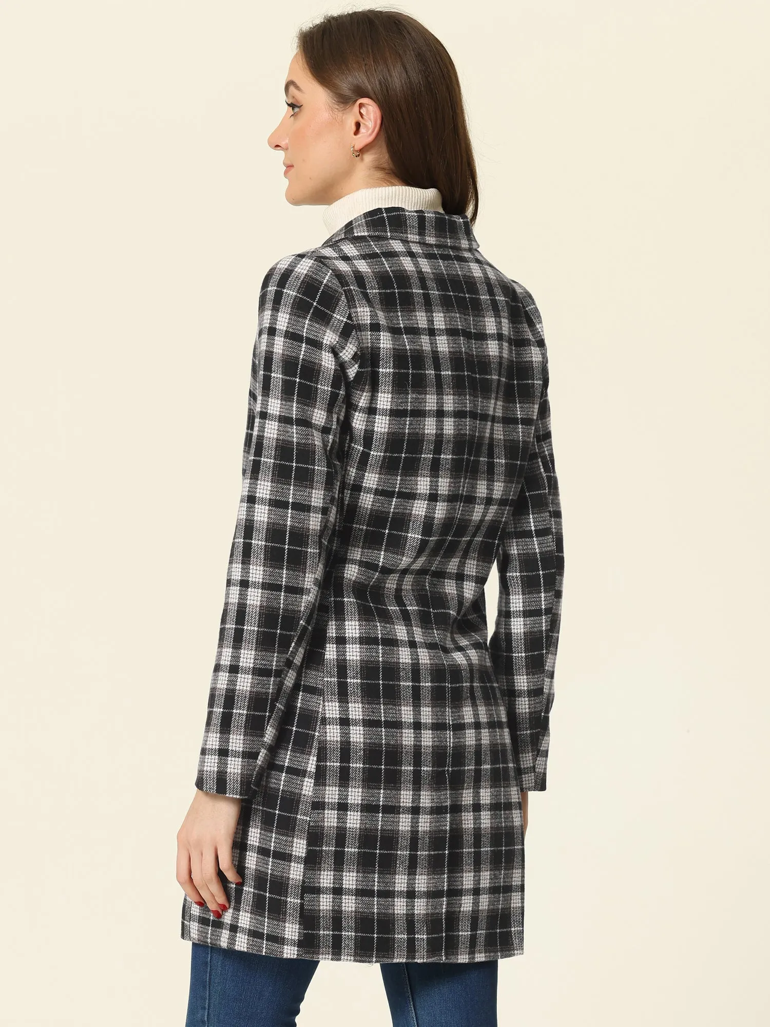 Double Breasted Notched Lapel Plaid Trench Blazer Coat