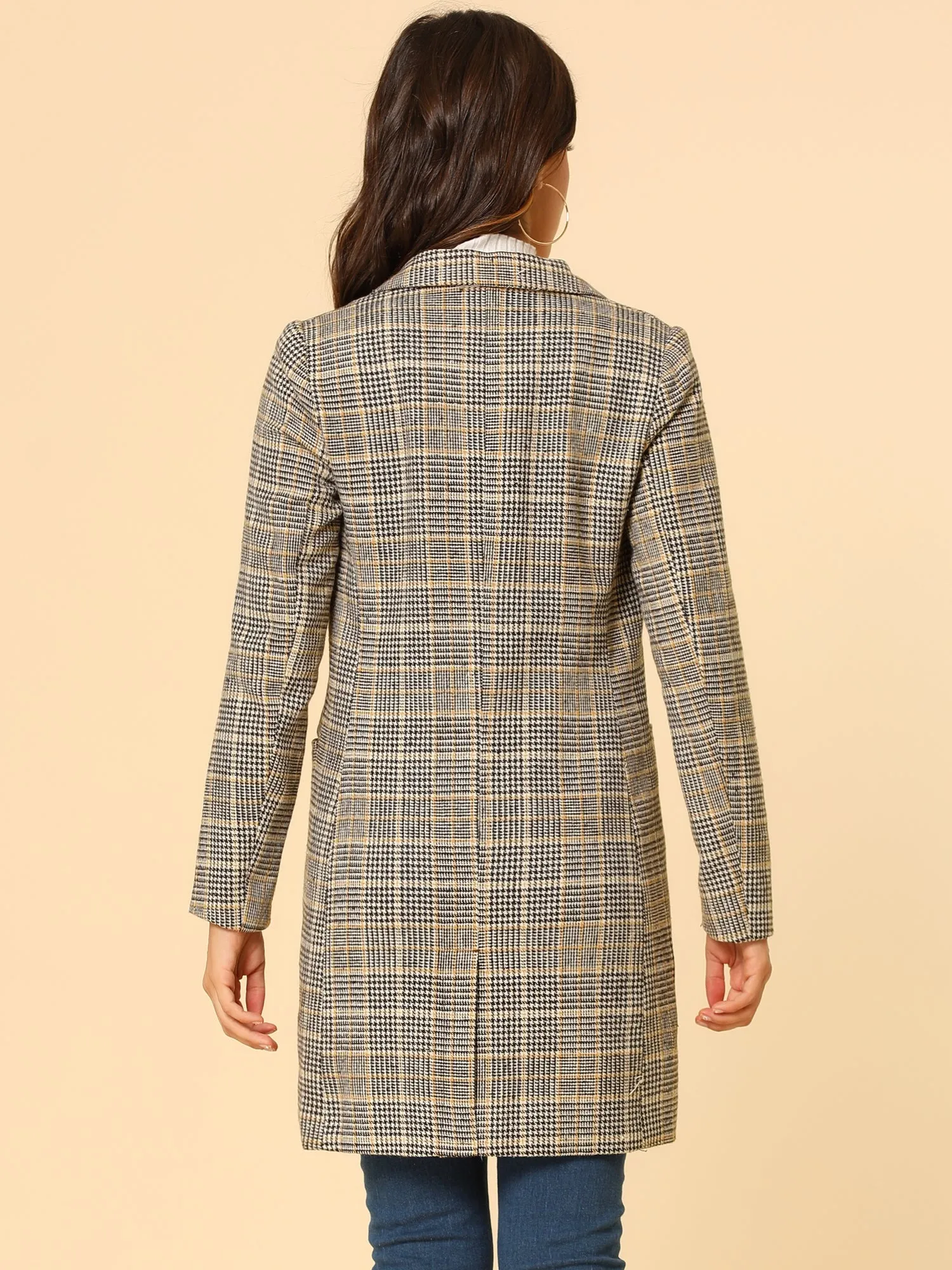 Double Breasted Notched Lapel Plaid Trench Blazer Coat