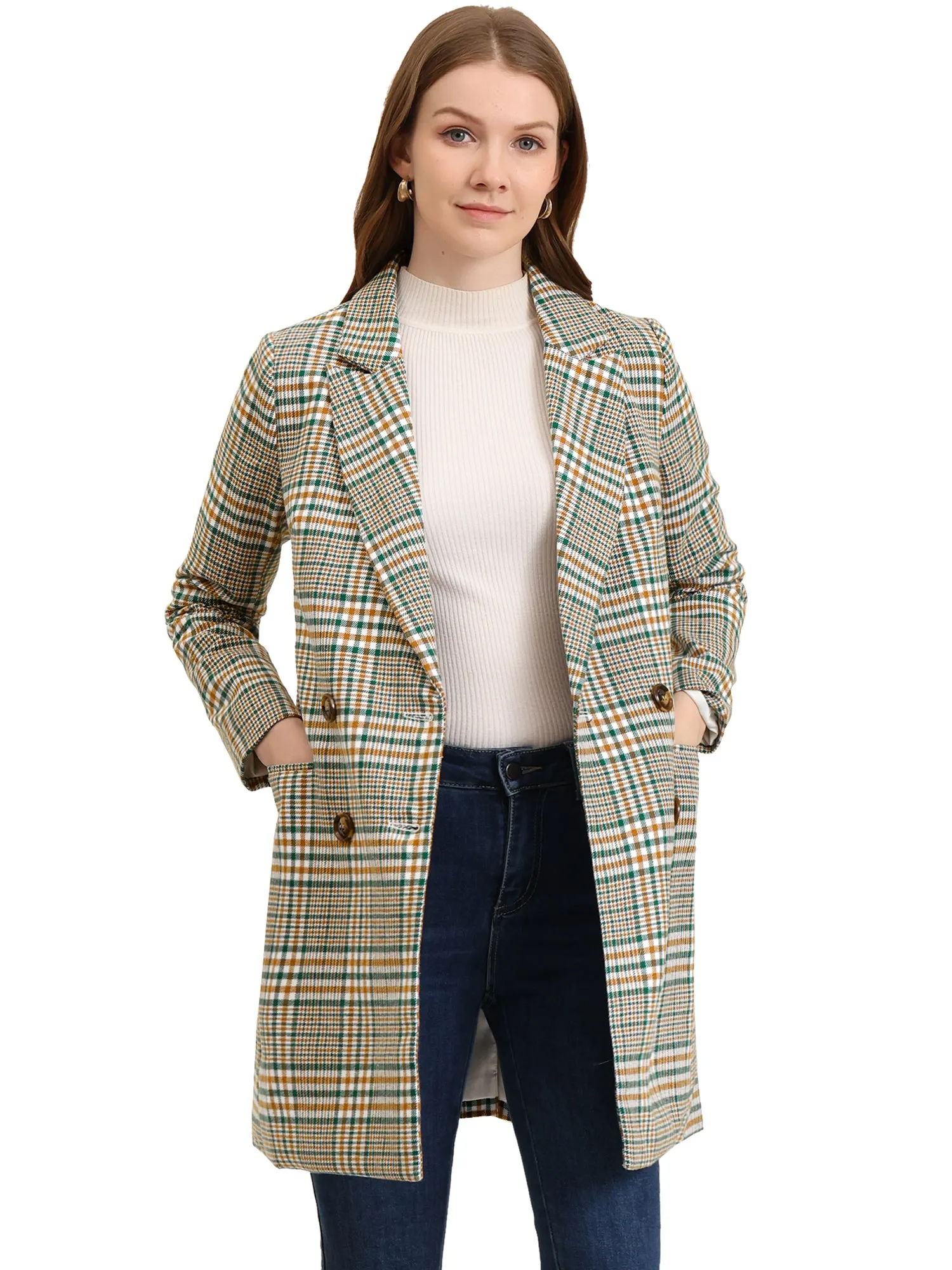 Double Breasted Notched Lapel Plaid Trench Blazer Coat
