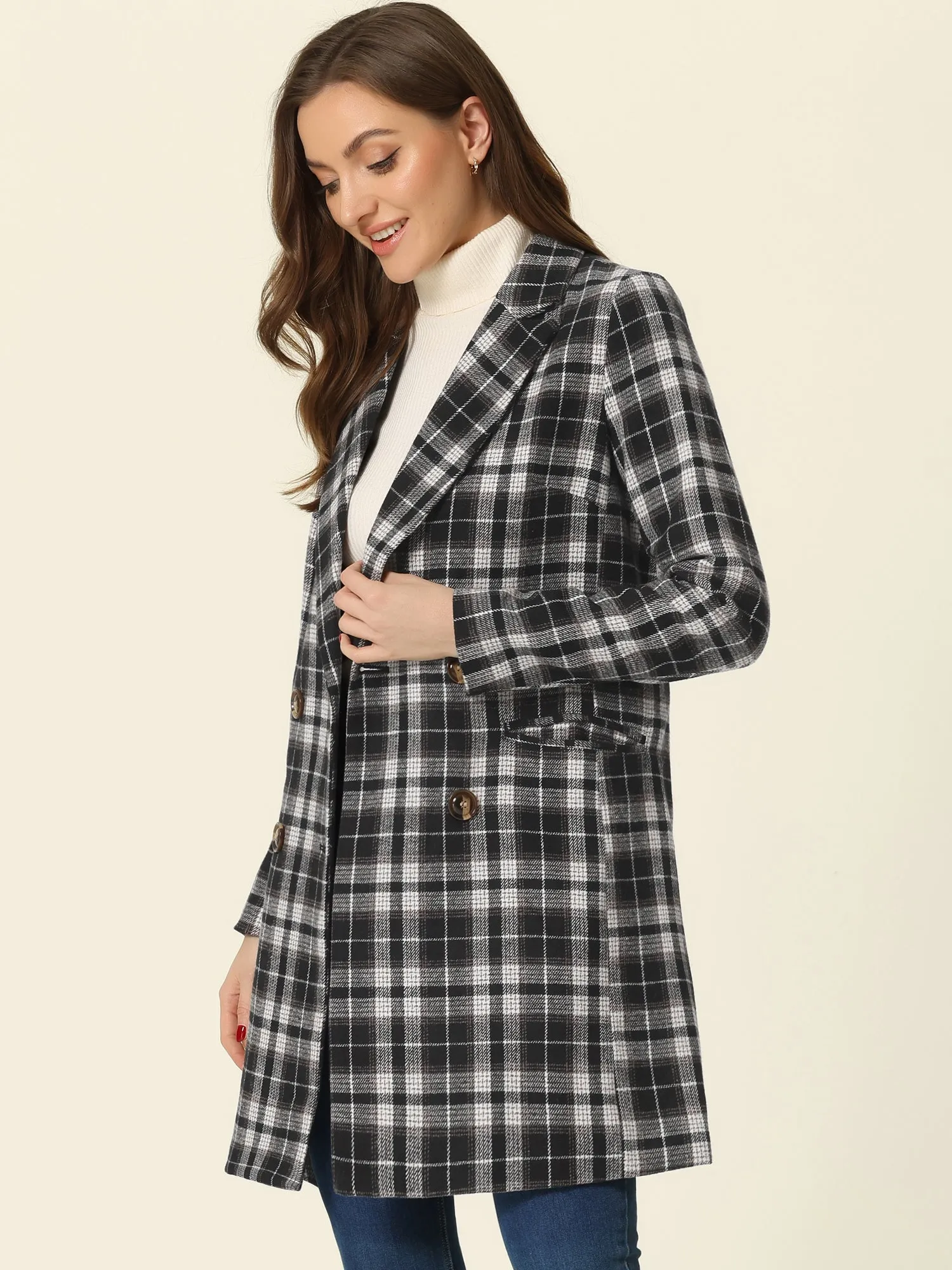 Double Breasted Notched Lapel Plaid Trench Blazer Coat
