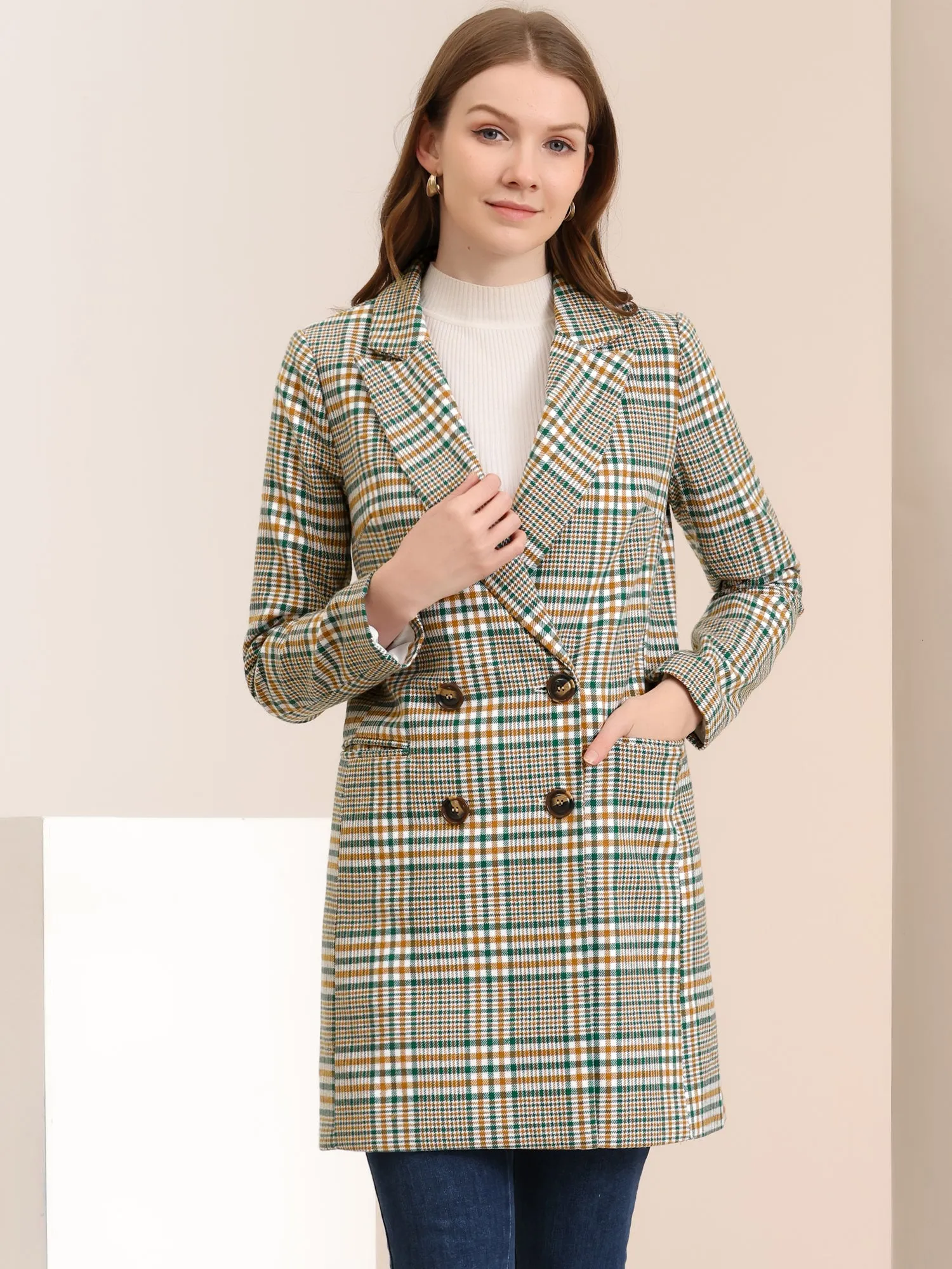 Double Breasted Notched Lapel Plaid Trench Blazer Coat