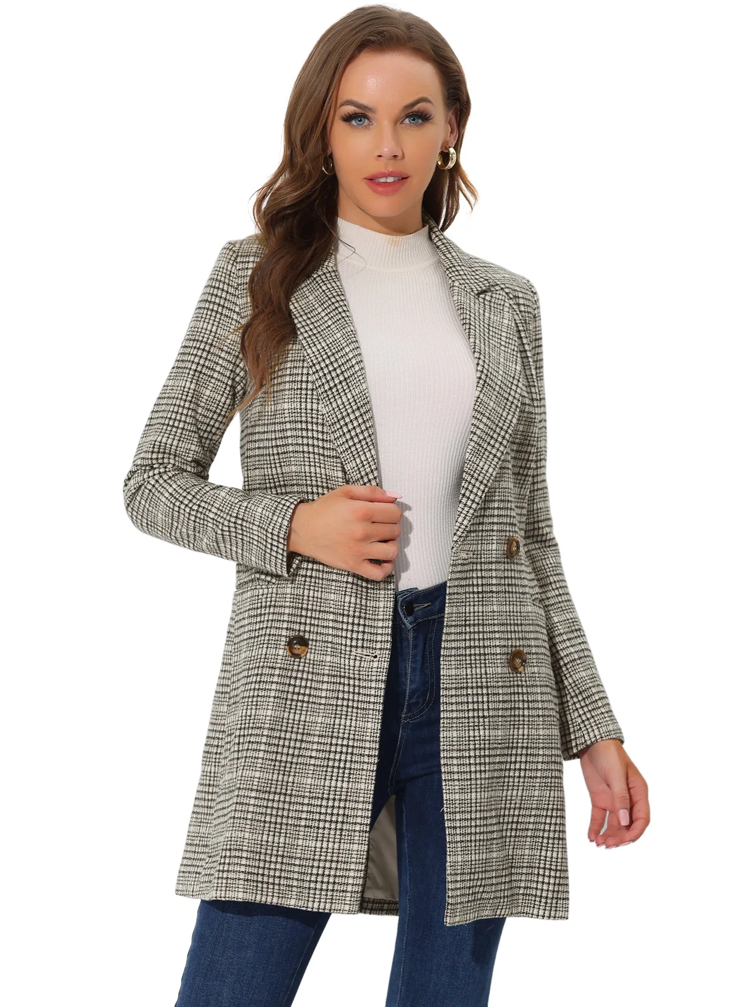 Double Breasted Notched Lapel Plaid Trench Blazer Coat