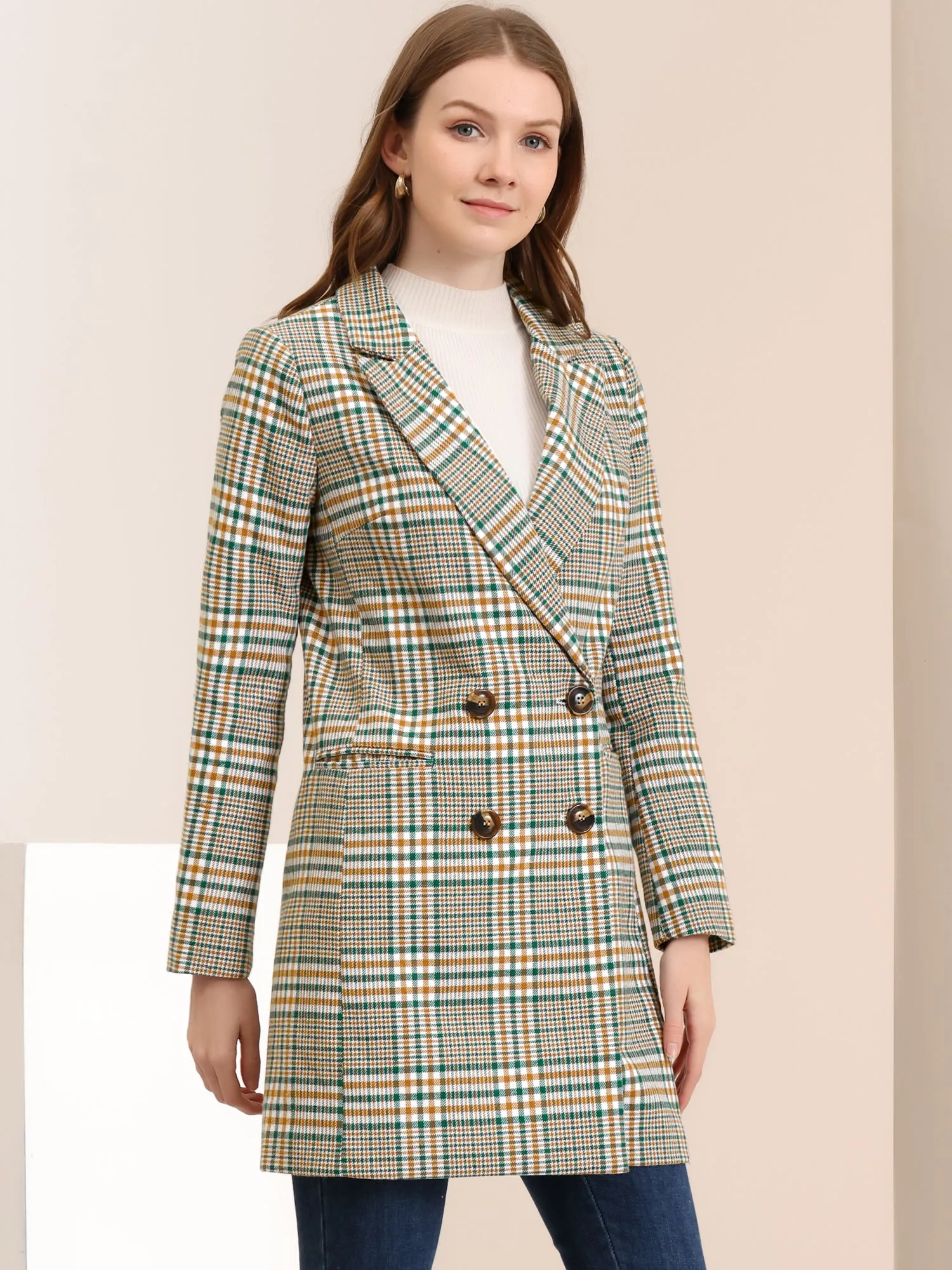 Double Breasted Notched Lapel Plaid Trench Blazer Coat