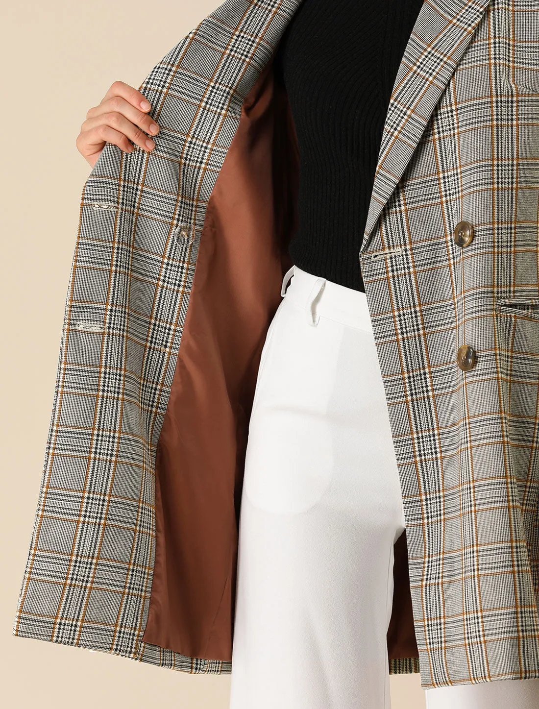 Double Breasted Notched Lapel Plaid Trench Blazer Coat