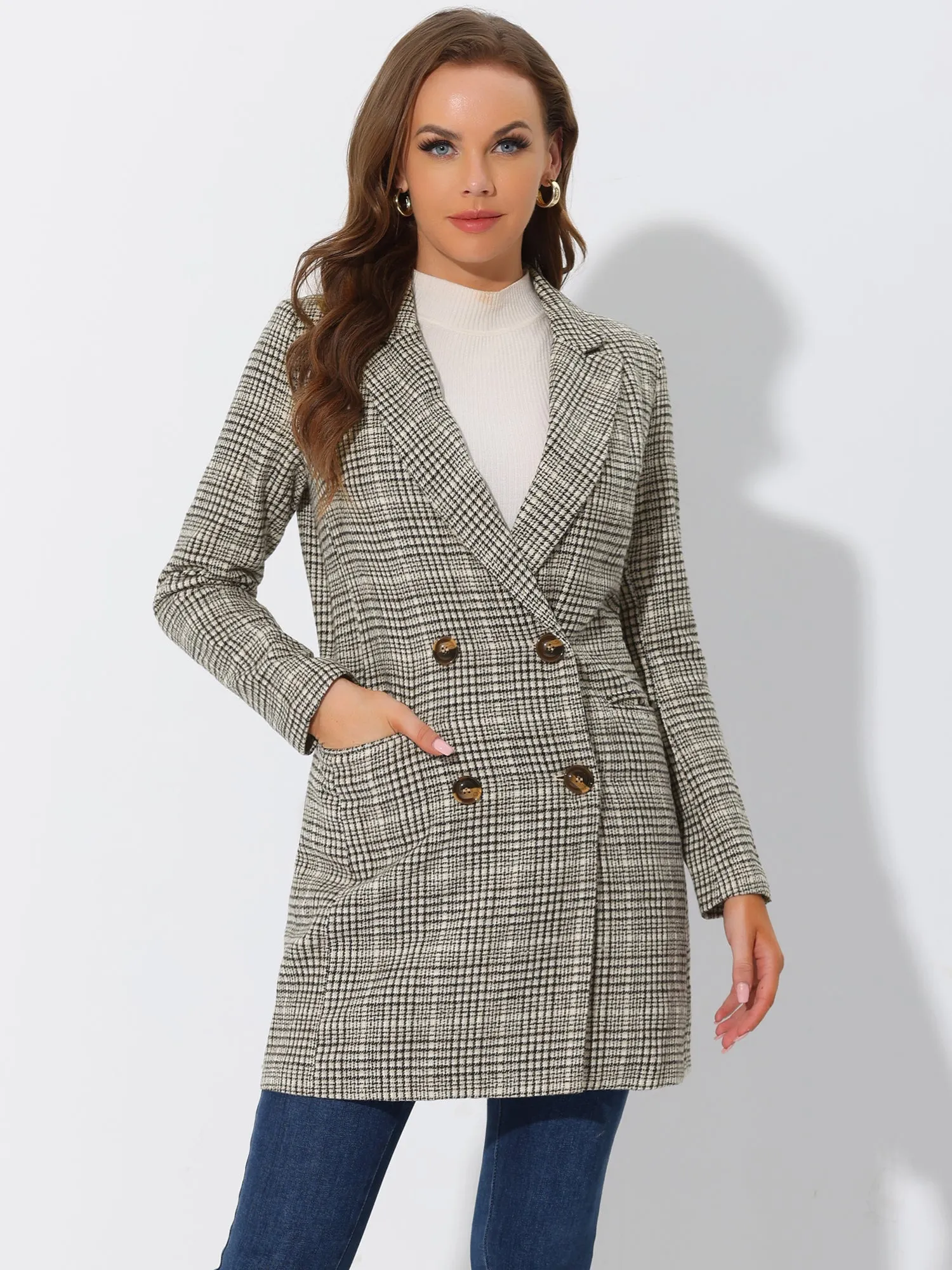 Double Breasted Notched Lapel Plaid Trench Blazer Coat