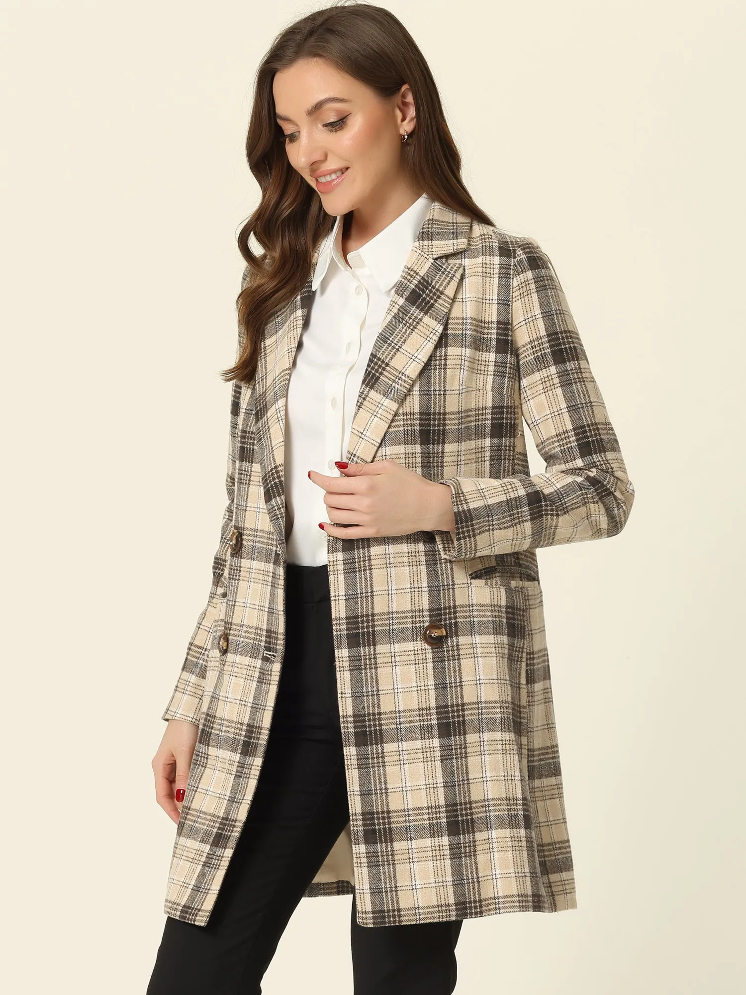 Double Breasted Notched Lapel Plaid Trench Blazer Coat