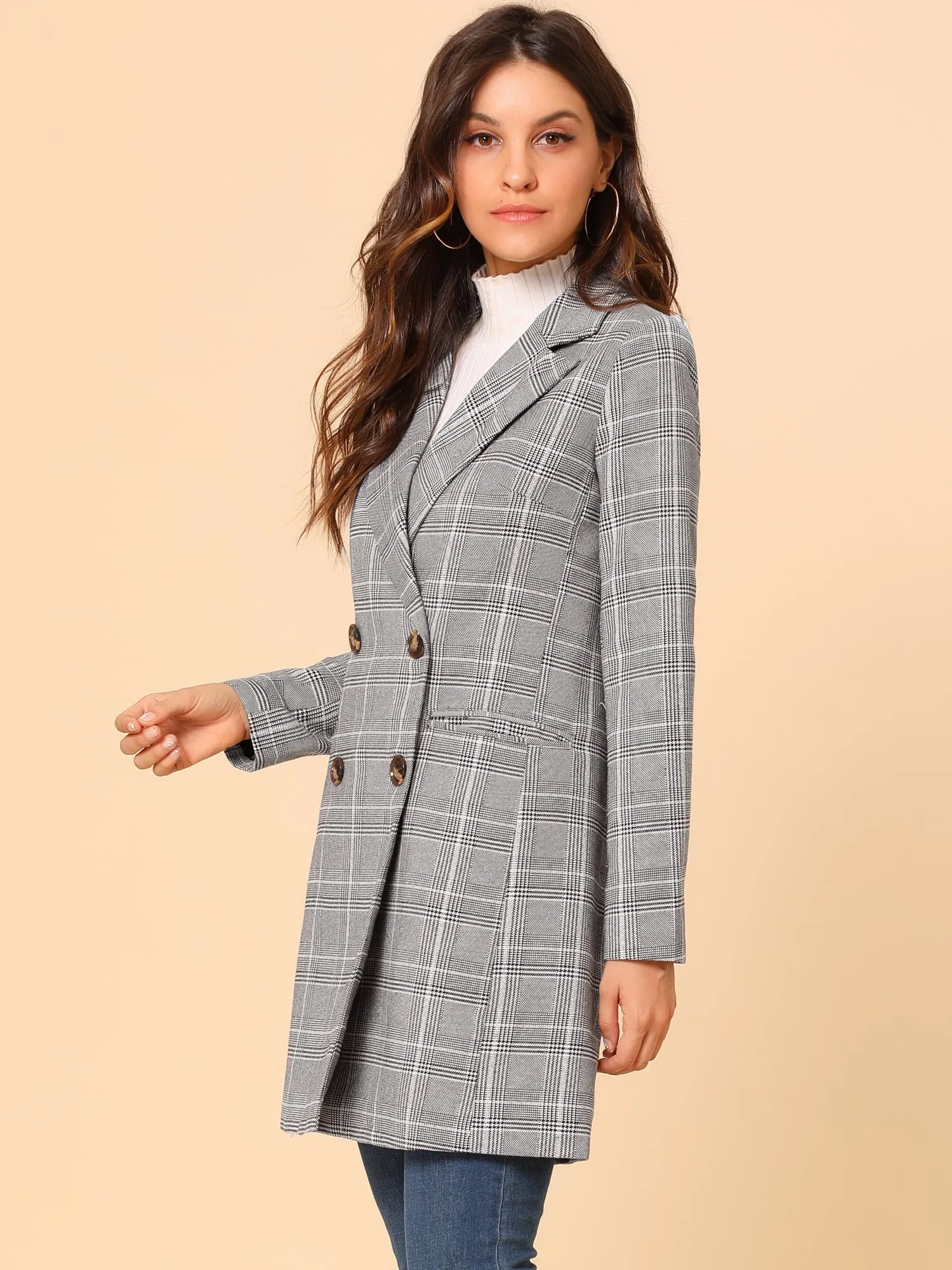 Double Breasted Notched Lapel Plaid Trench Blazer Coat