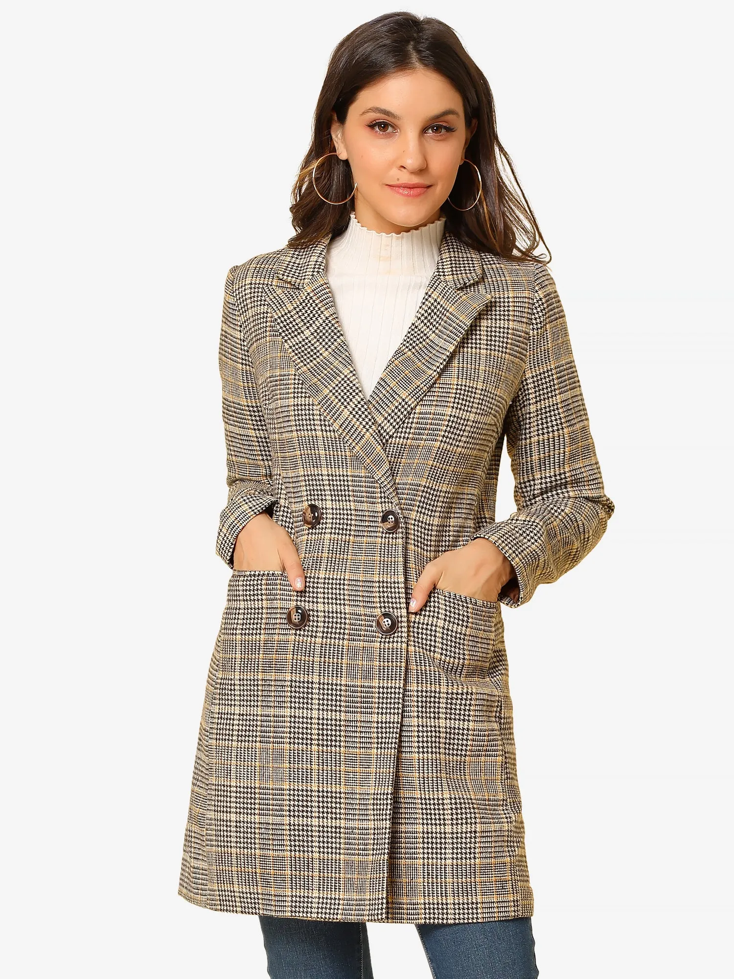 Double Breasted Notched Lapel Plaid Trench Blazer Coat