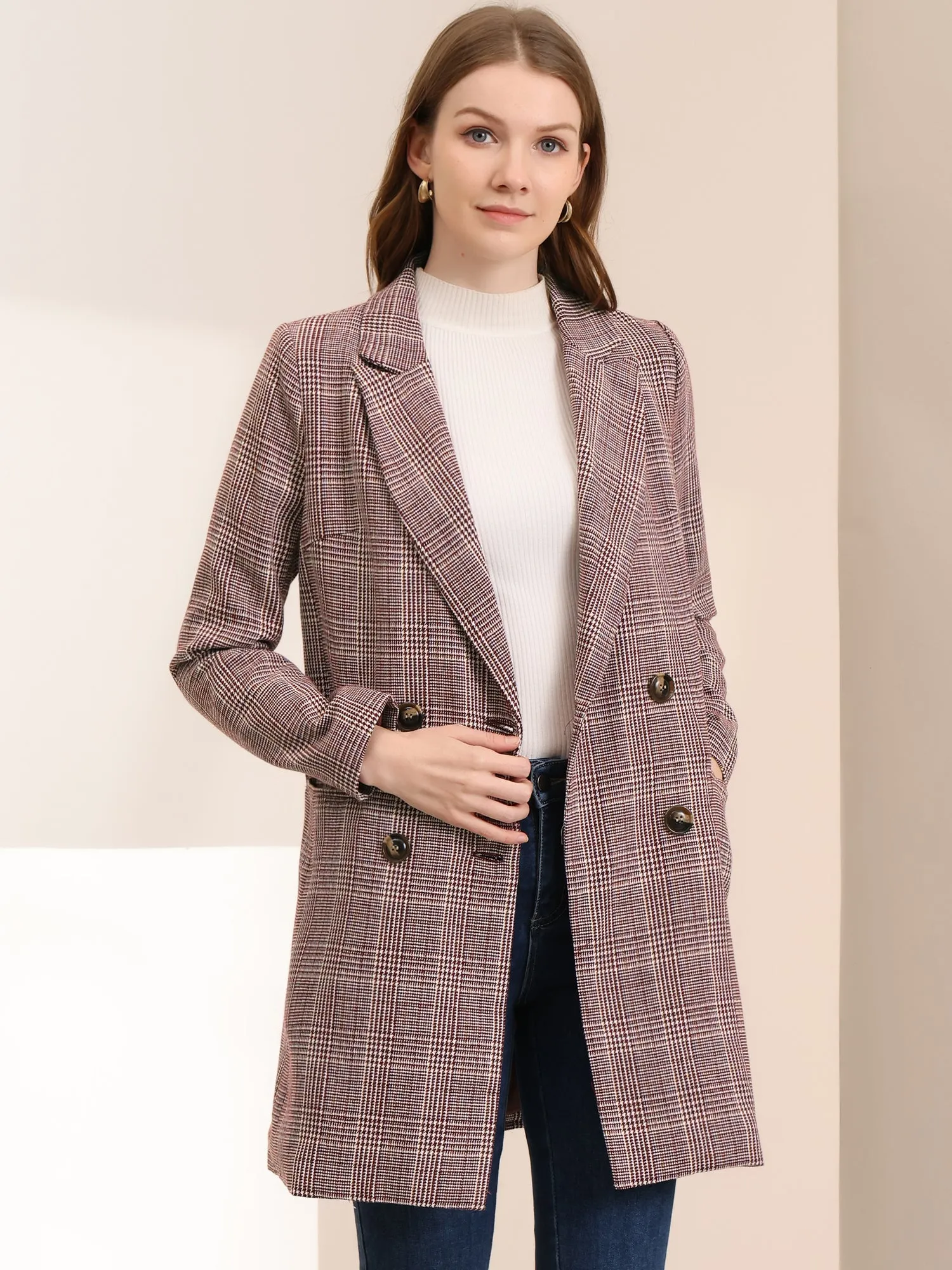 Double Breasted Notched Lapel Plaid Trench Blazer Coat