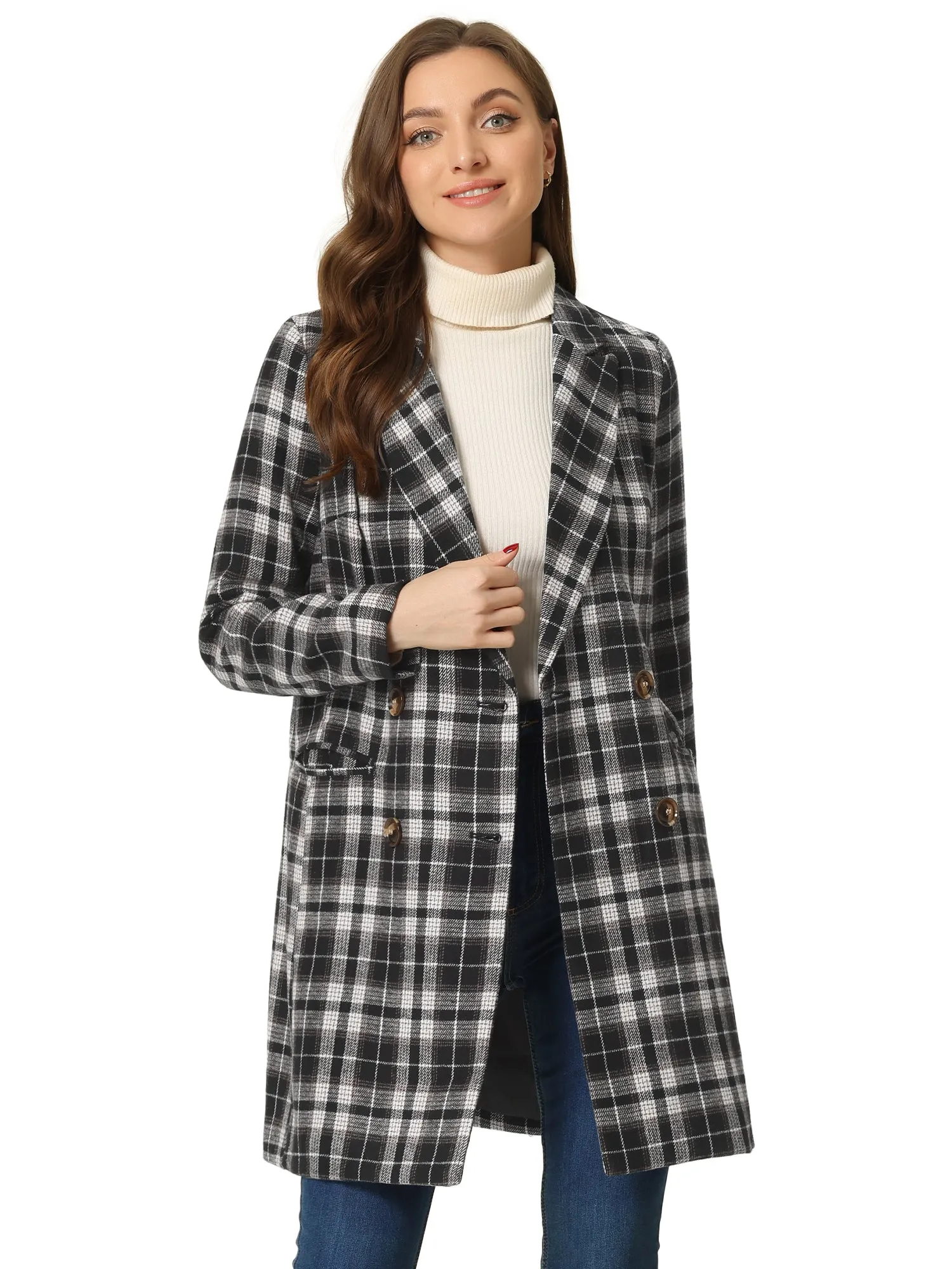Double Breasted Notched Lapel Plaid Trench Blazer Coat