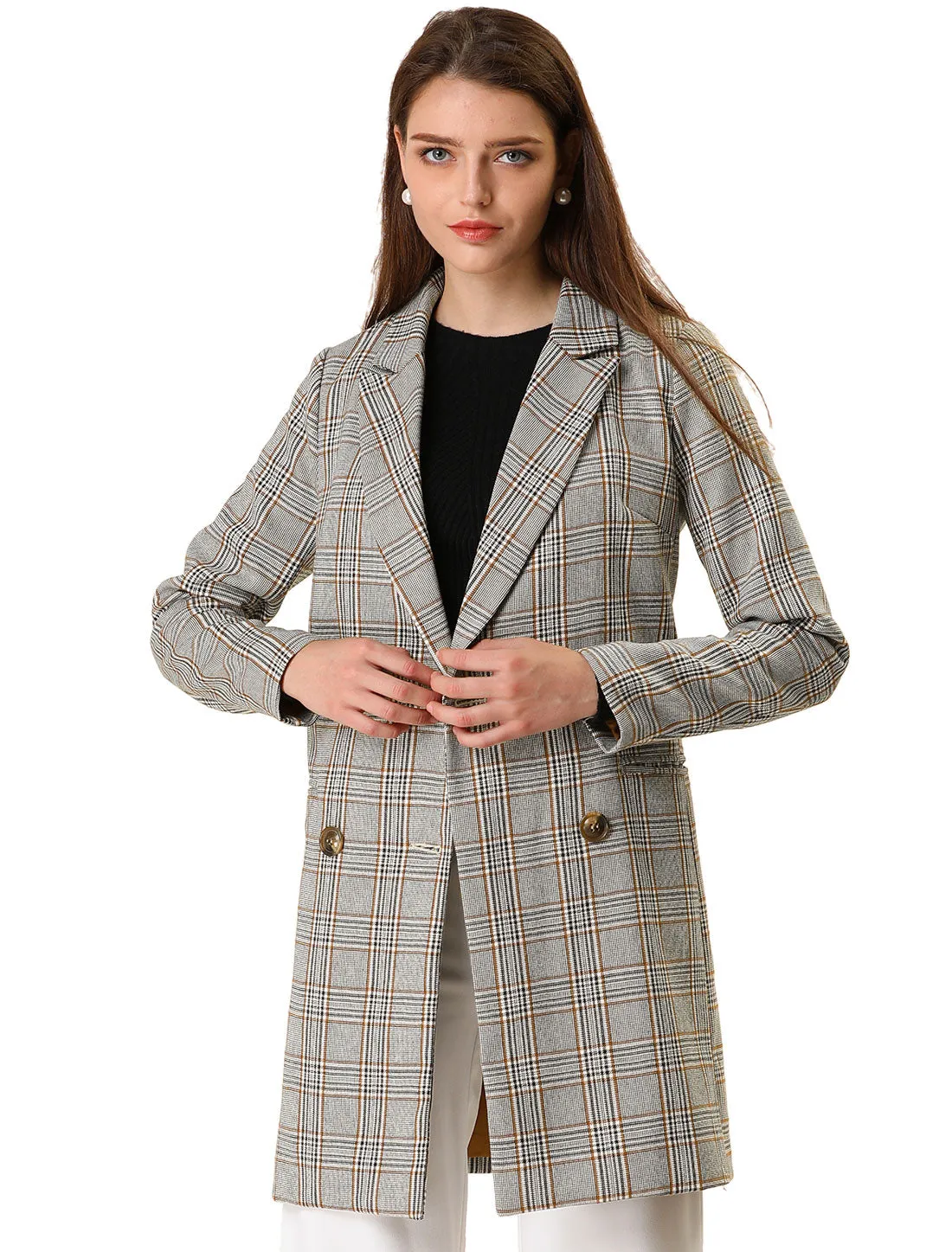 Double Breasted Notched Lapel Plaid Trench Blazer Coat