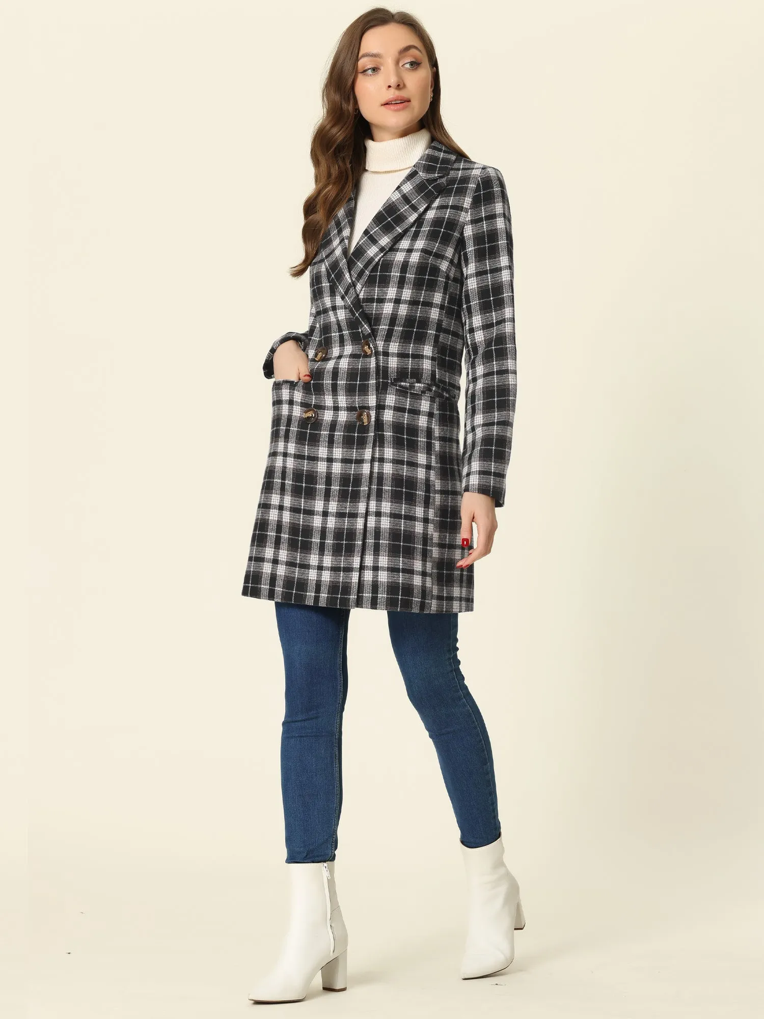 Double Breasted Notched Lapel Plaid Trench Blazer Coat