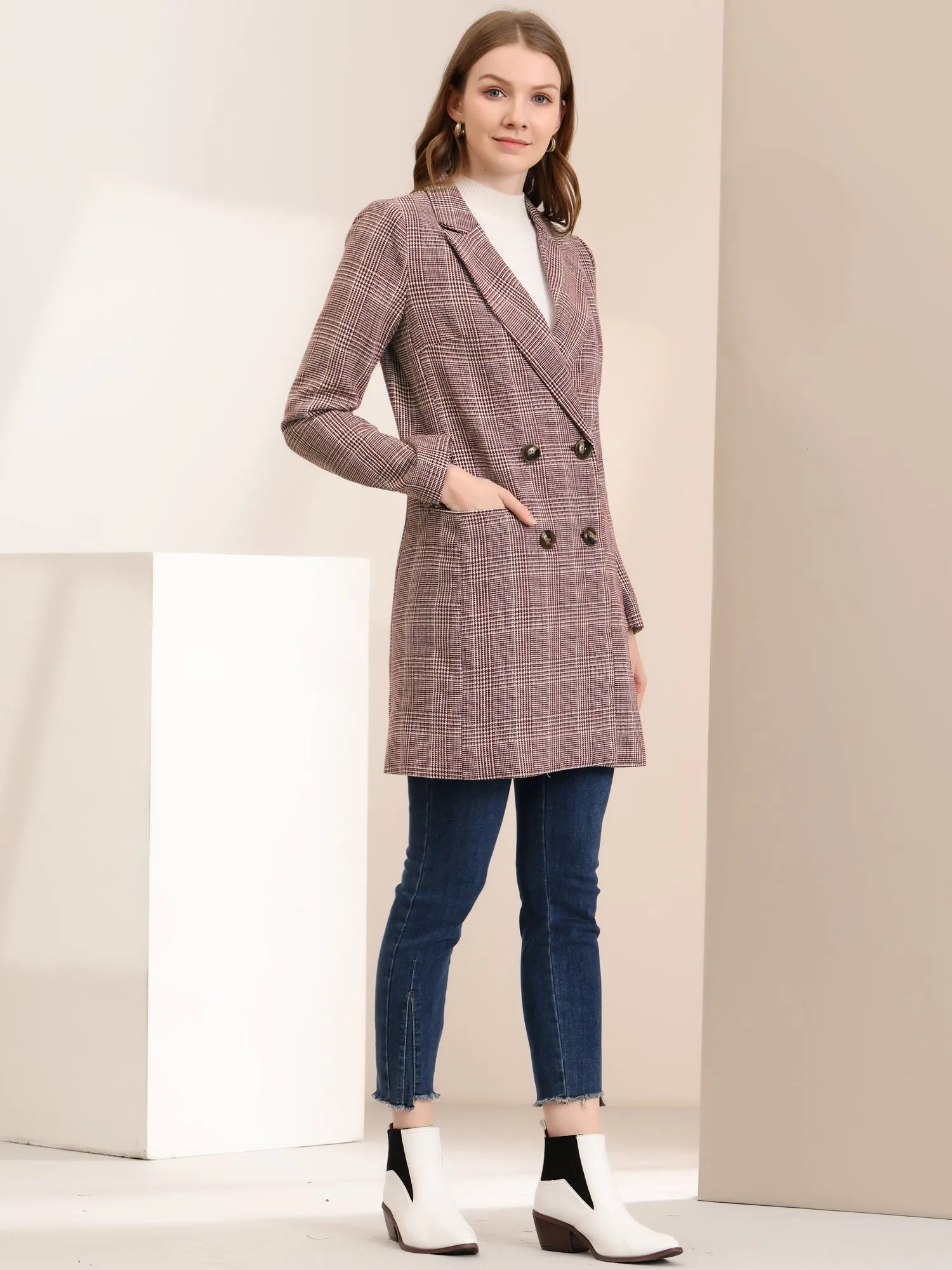 Double Breasted Notched Lapel Plaid Trench Blazer Coat