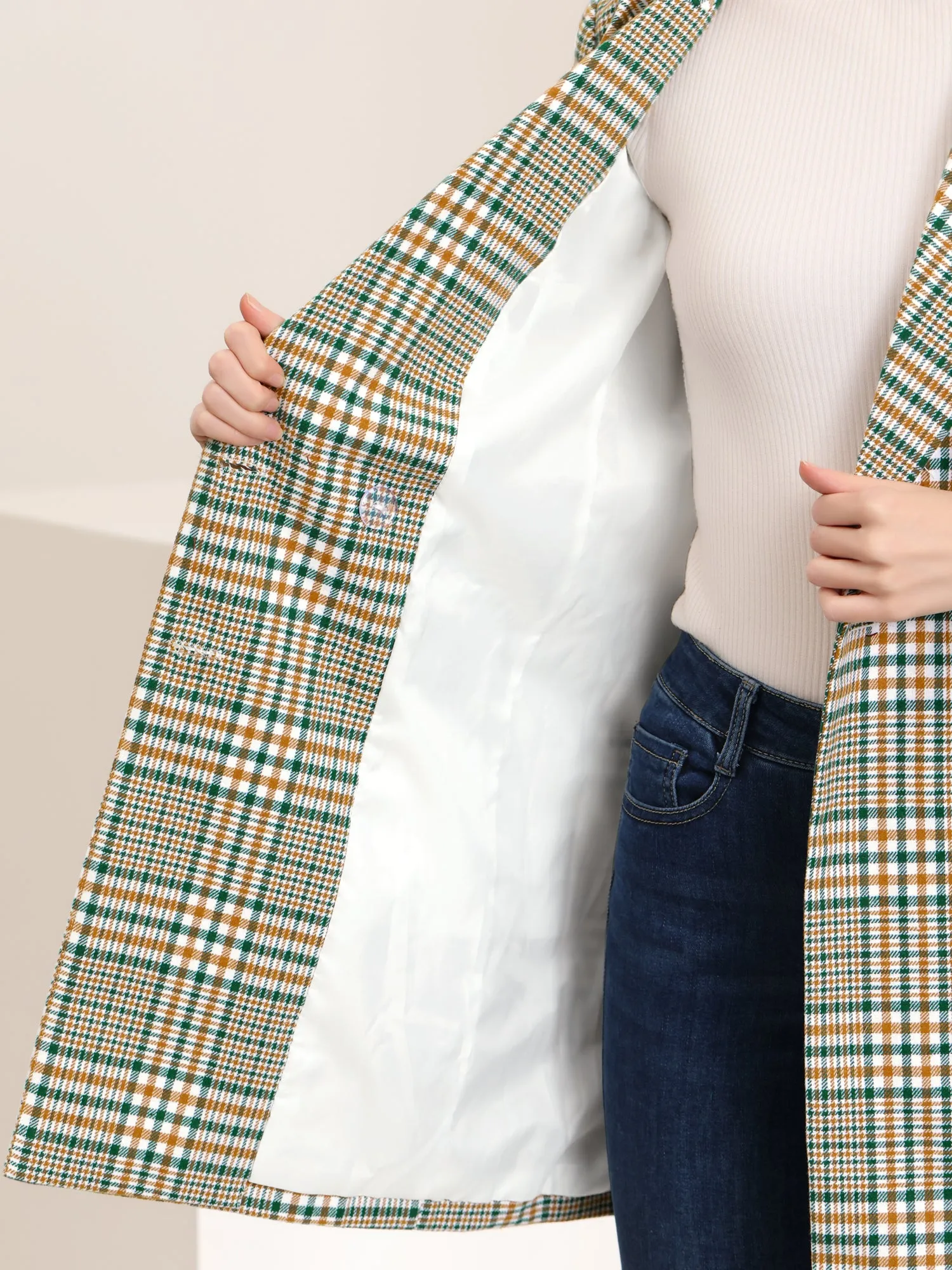 Double Breasted Notched Lapel Plaid Trench Blazer Coat