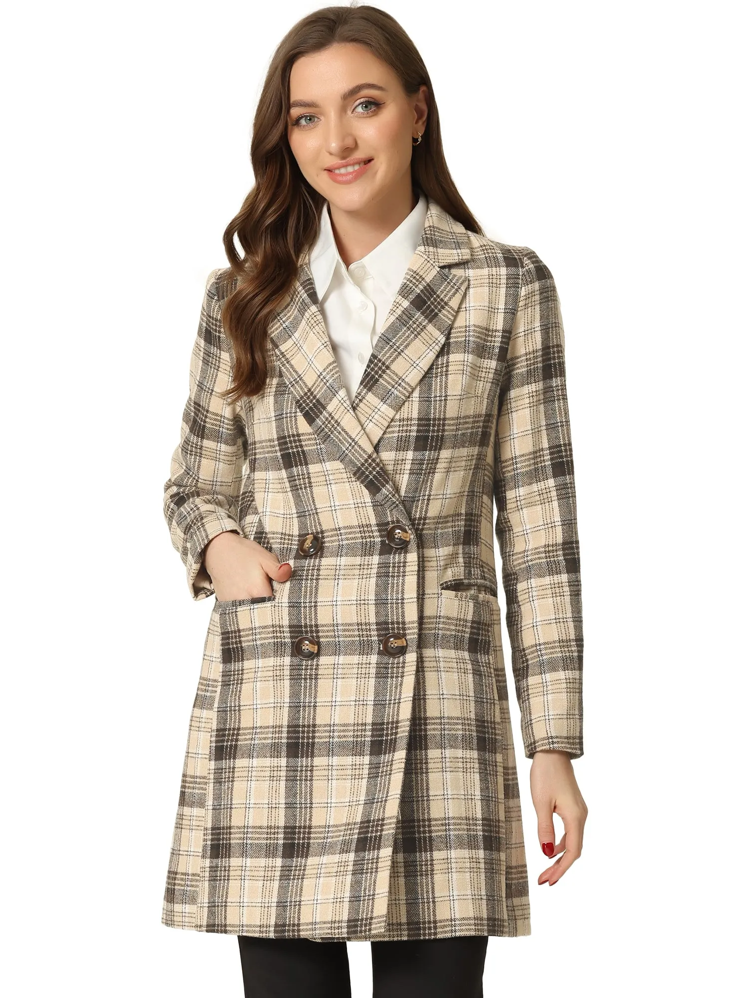 Double Breasted Notched Lapel Plaid Trench Blazer Coat